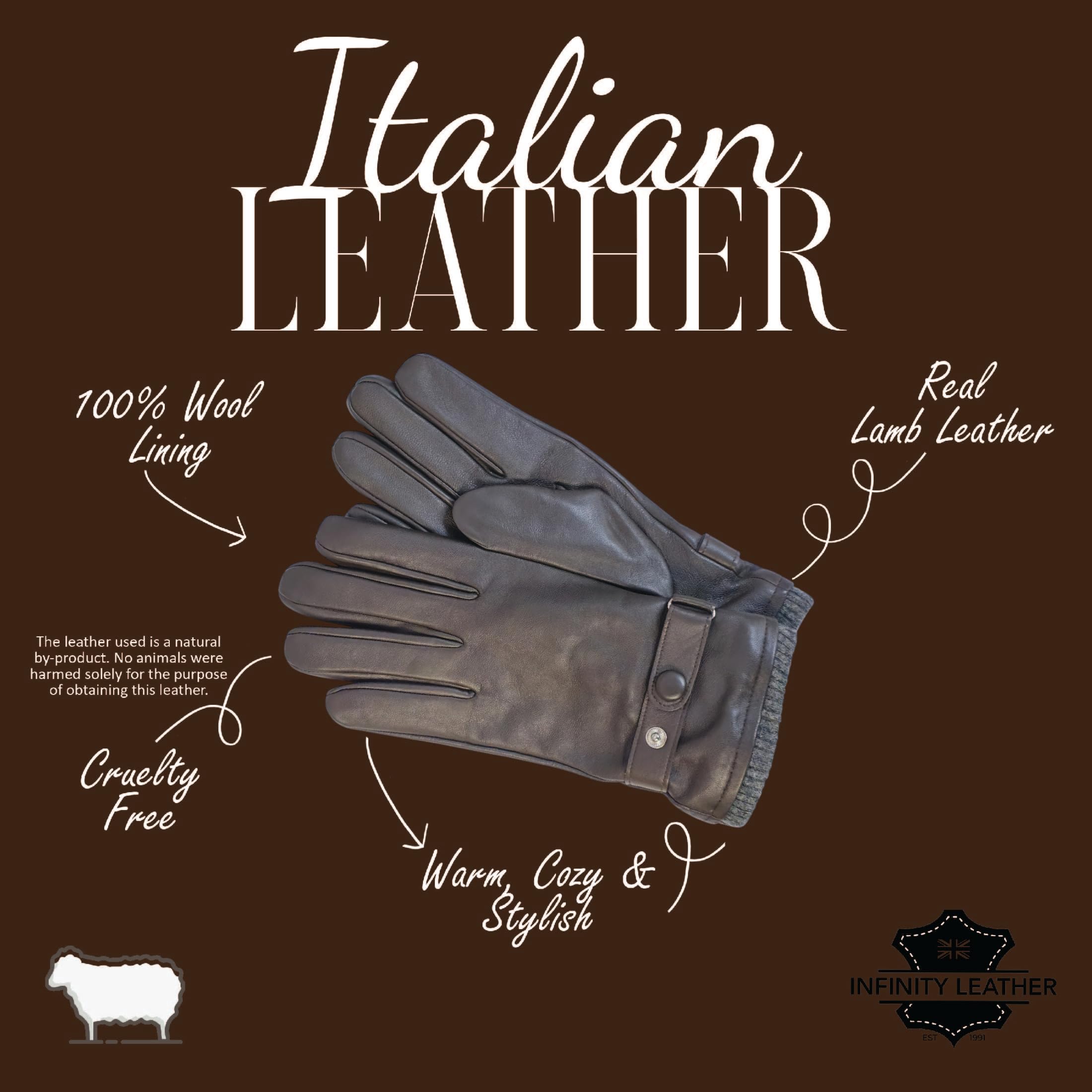 Infinity Leather Guantes de Conducción de Cuero Italiano Hombre: Cuero Suave de Primera Calidad, Forro de Lana Cálido, Compatibles con Pantallas Táctiles