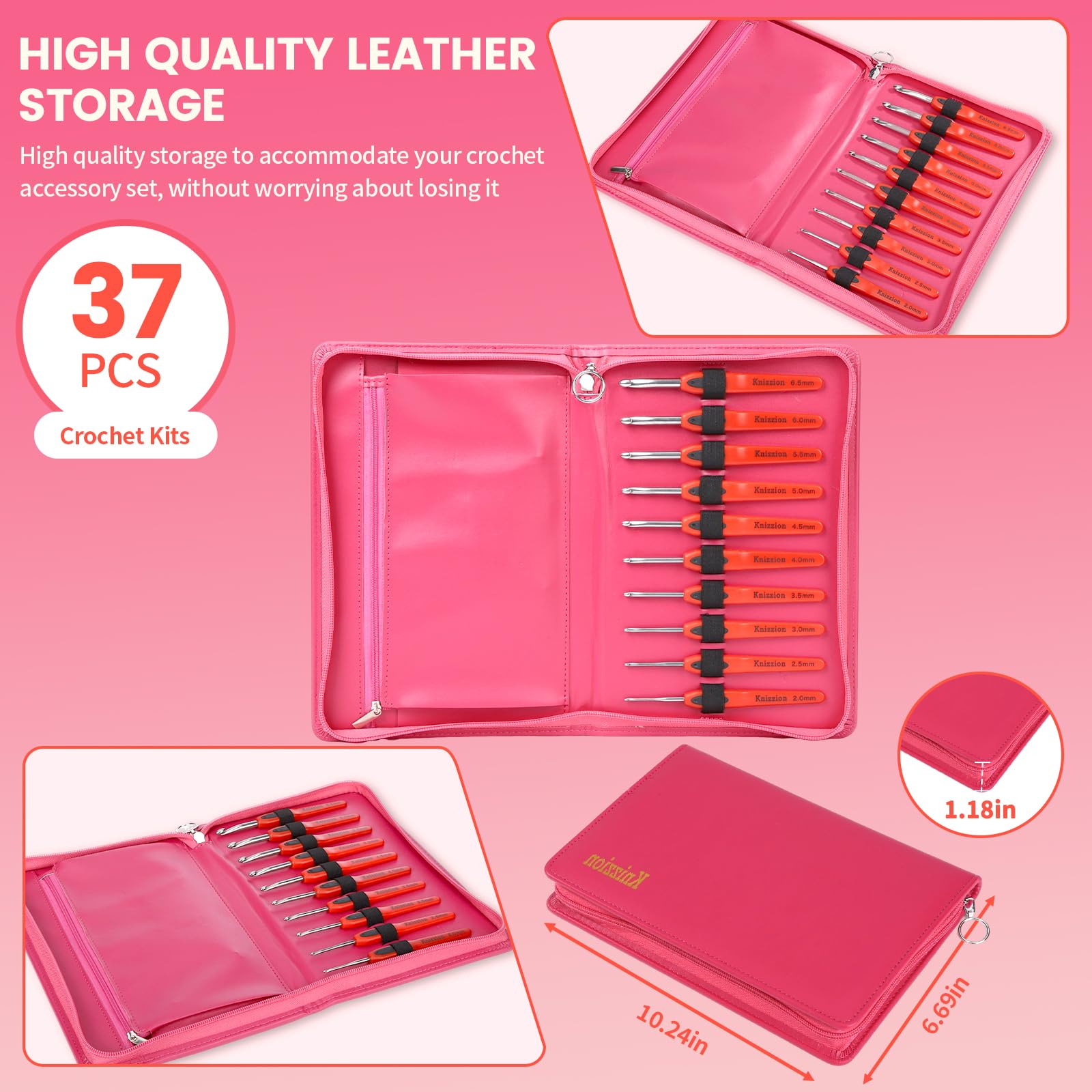 Juego de 37 ganchos de ganchillo, 10 tamaños (2.0-6.5 mm) de acero inoxidable con asas ergonómicas con funda E, perfecto para principiantes y profesionales, kit de ganchillo duradero para todos los