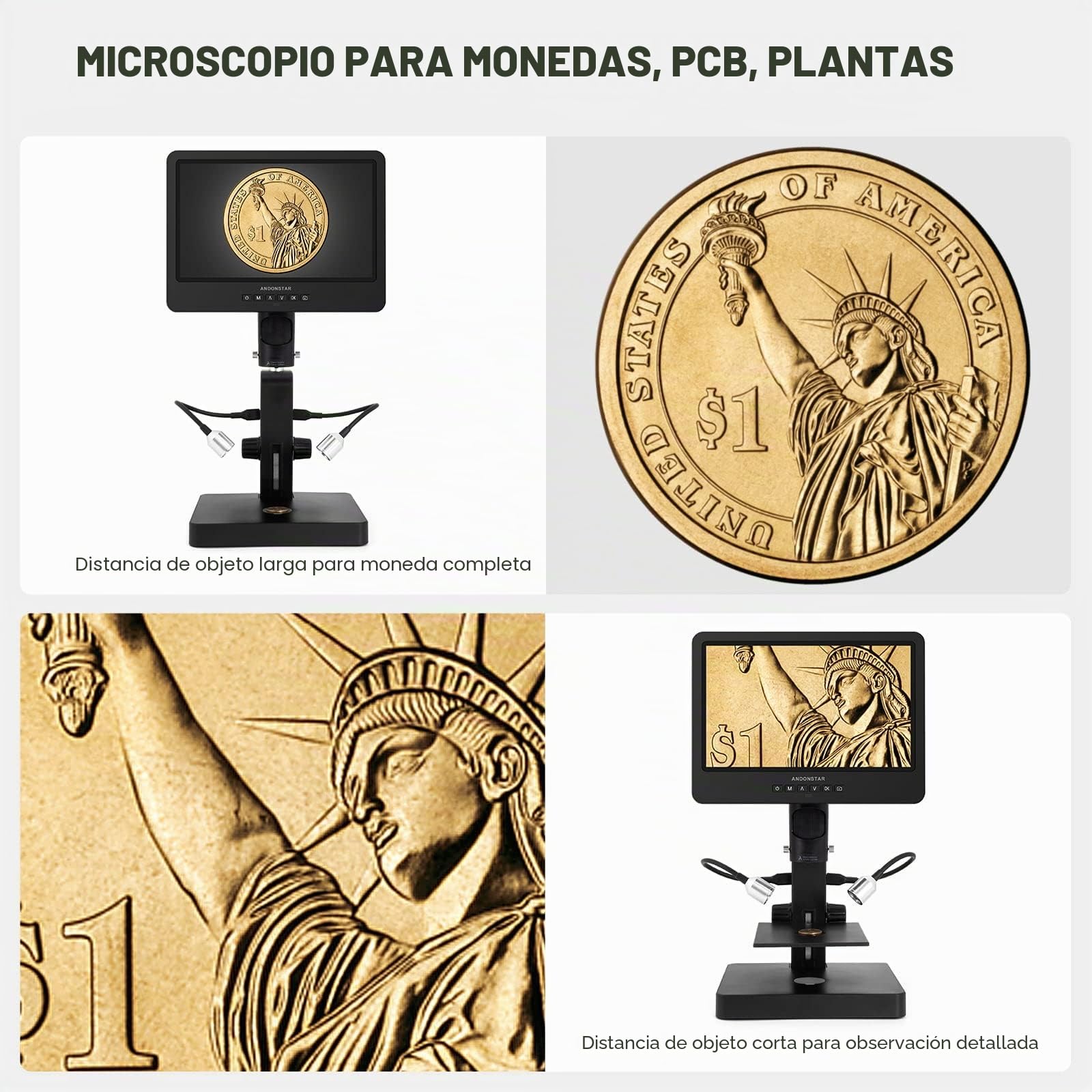 Andonstar AD249S Microscopio Digital HDMI con Pantalla de 10 Pulgadas, microscopio biológico de Tres Lentes 4000X, Kit de microscopio de Monedas para niños y Adultos, grabación de Foto/Video