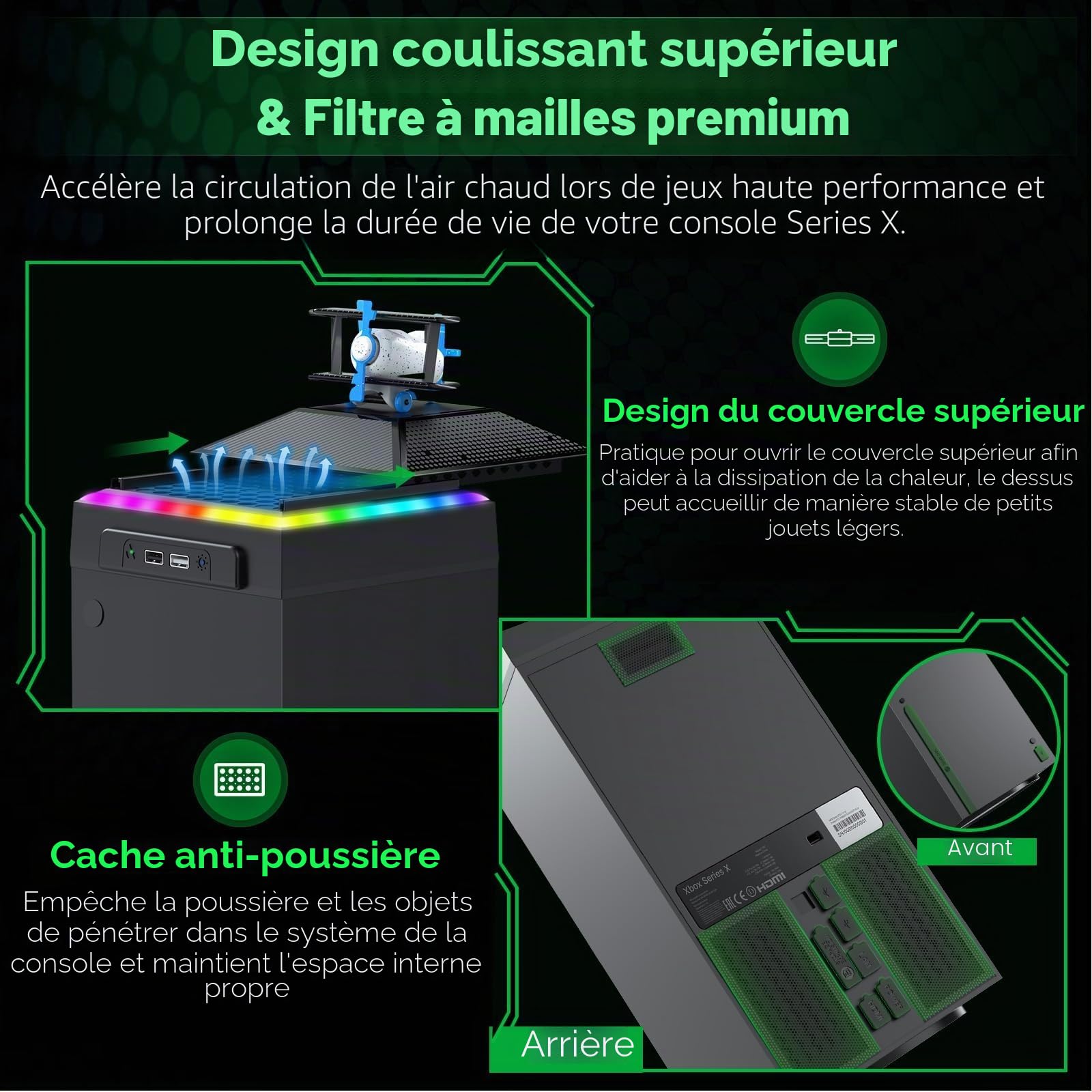 Ventilateur de refroidissement pour consoles Xbox, contrôle AI Gorixer, contrôle de vitesse réglable, avec filtre anti-poussière et 7 lumières RGB, système de refroidissement