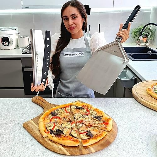 Miniatura 9 de KitchenStar - Cortador de pizza de 14 pulgadas, cuchillo afilado de acero inoxidable, estilo rockero con cubierta de hoja y cáscara de pizza de