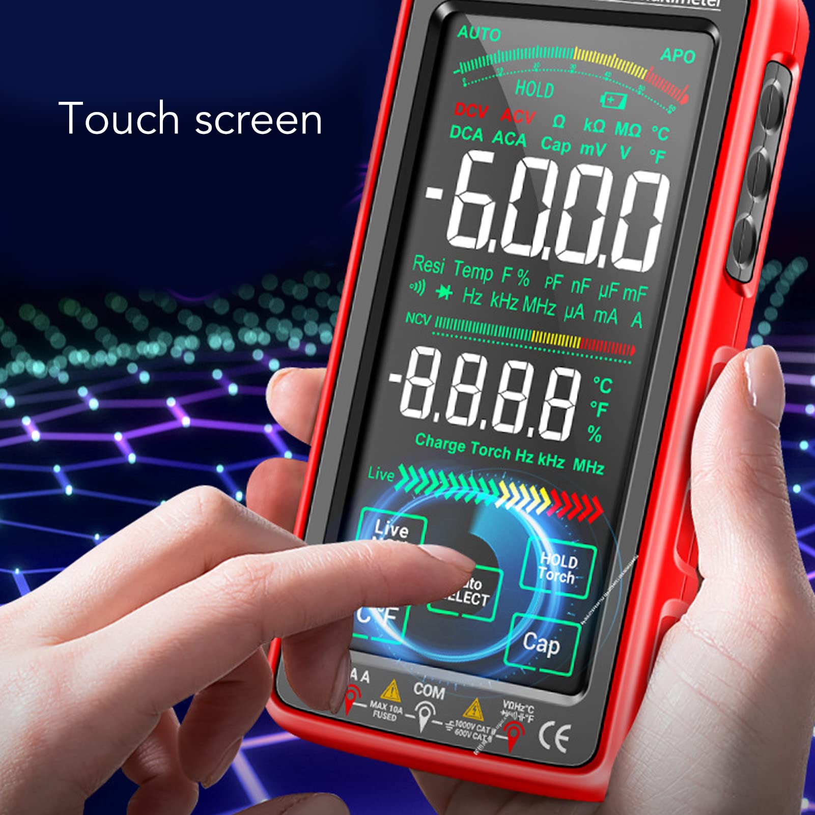 Multímetro digital, Smart Touch TRMS, selección automática de rango, 9999 | Probador sin contacto con alarma LED y linterna, carga USB, carcasa ABS, selección automática de rangos
