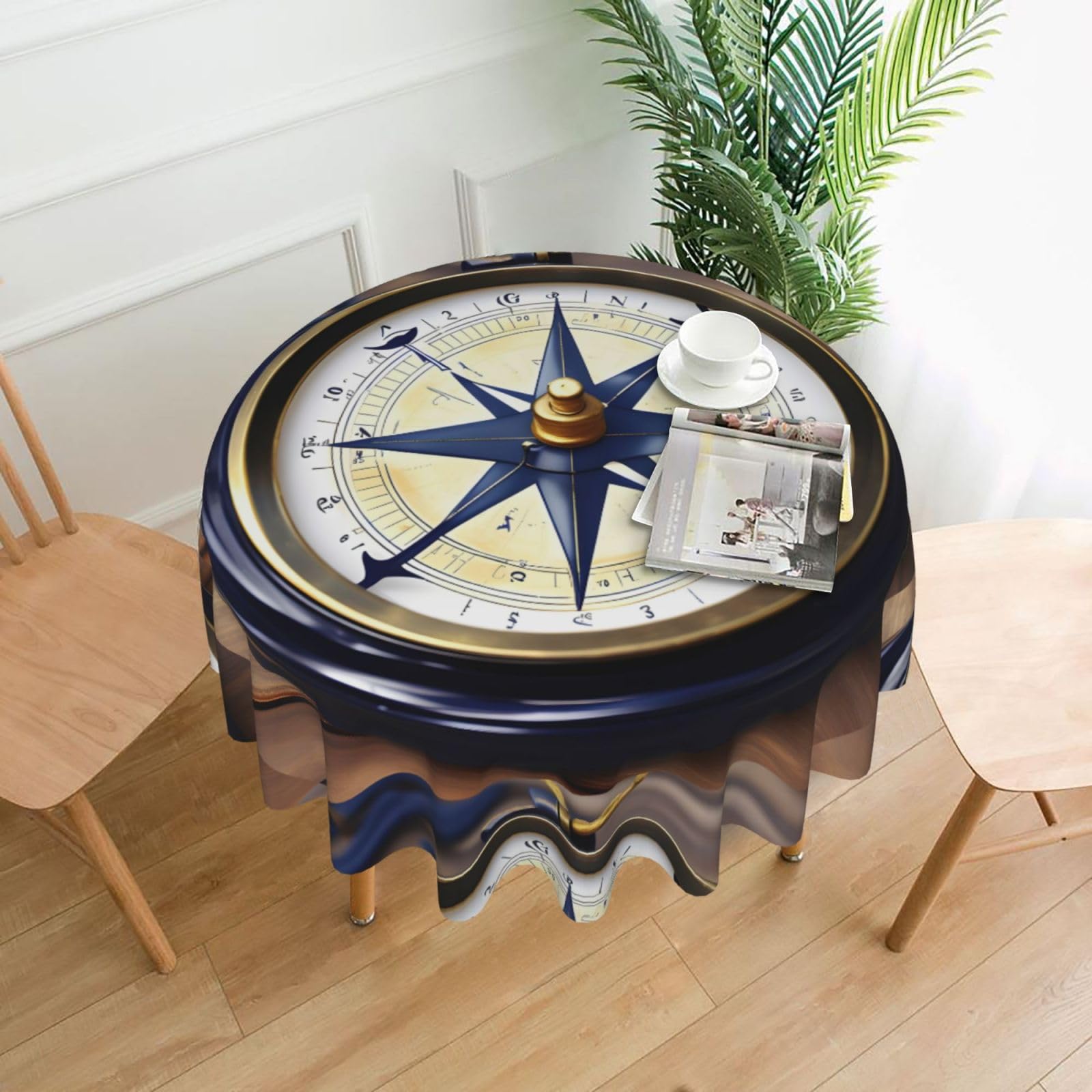 Nbtghga Sail Boat Nautical Compass Print Tablecloth Round Border Table Cloth Cover Decorative For Party Holiday Dinning Tabletop Home