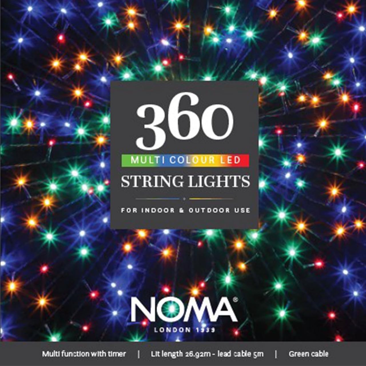 Noma 360 LED Christmas Tree Lights : Green Cable : Plug-in with Timer : Multicolour