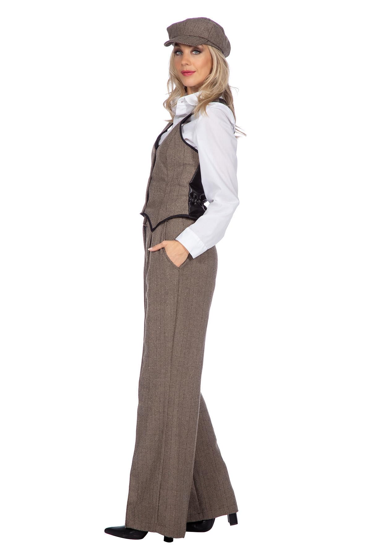 WILBERS & WILBERS 320376 - Disfraz de los años 20 para Mujer, de 3 Piezas con Pantalones, Chaleco y Gorra, Conjunto de Gatsby para Carnaval, Fiesta temática