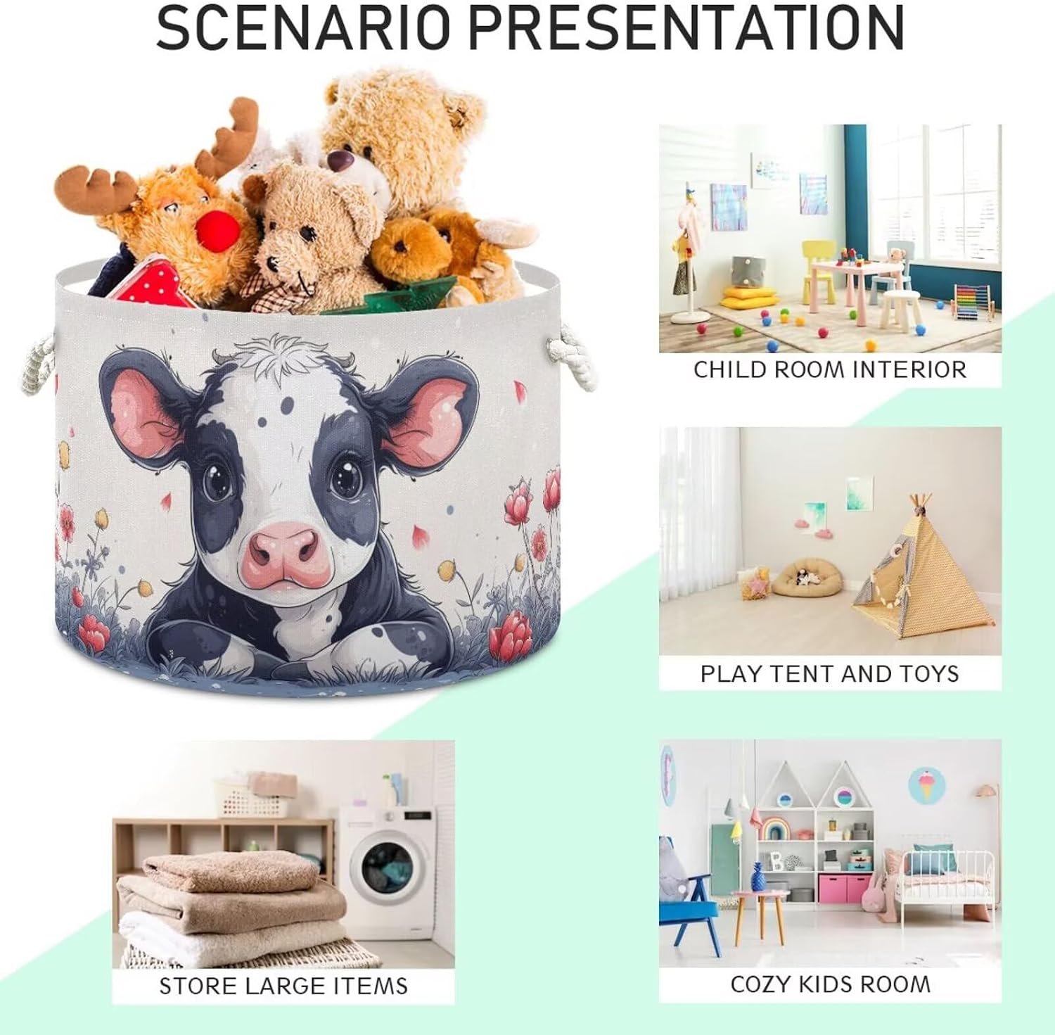 Cow Print Round Storage Basket Cute Animal Flower Large Laundry Hamper 20 x 20 x 14 Inches Organizer Bin with Cotton Rope Handles Clothes Storage Bag for Nursery Bedroom Living Room Decor