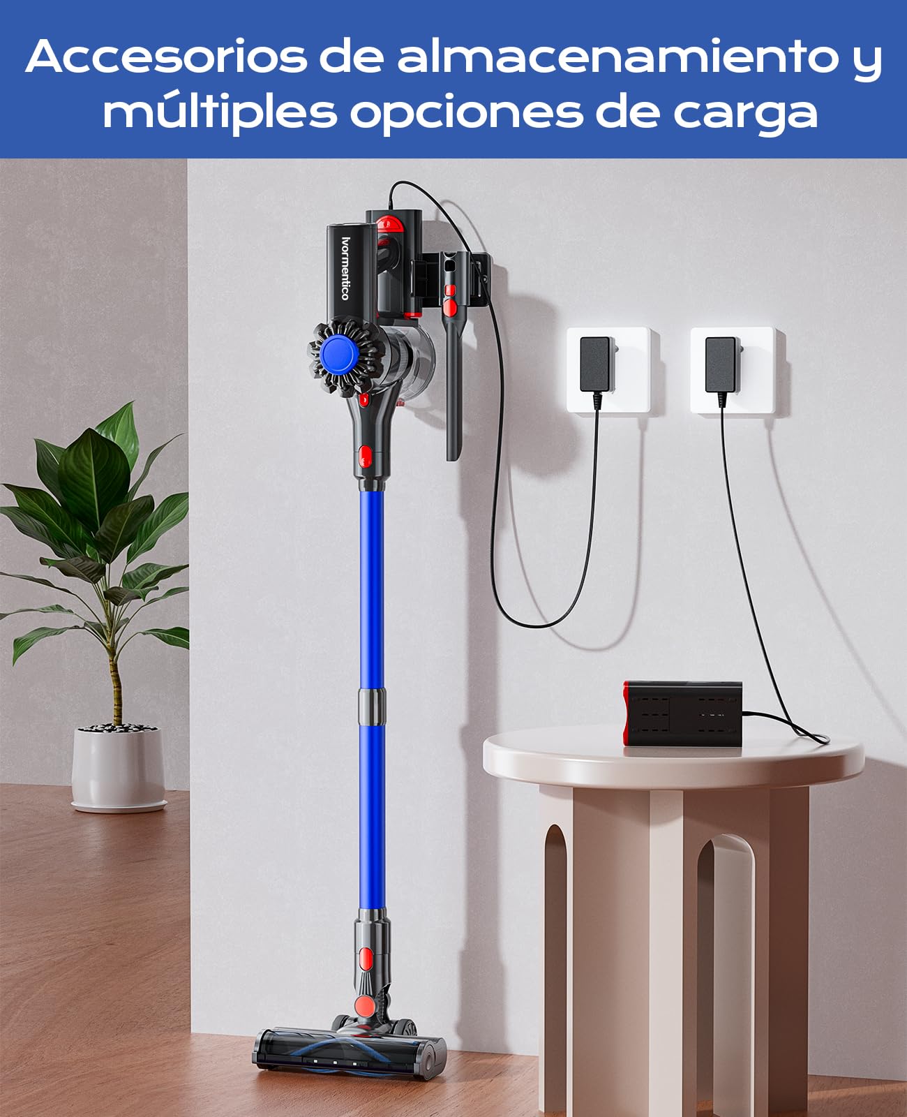 50Mins Aspiradora sin Cable, 40KPA Aspirador sin Cable, 450W Escoba Aspiradora sin Cable con Cepillo para Suelos Mejorado, Aspirador Vertical con LED Verde, para Suelo/Pelo, Azul