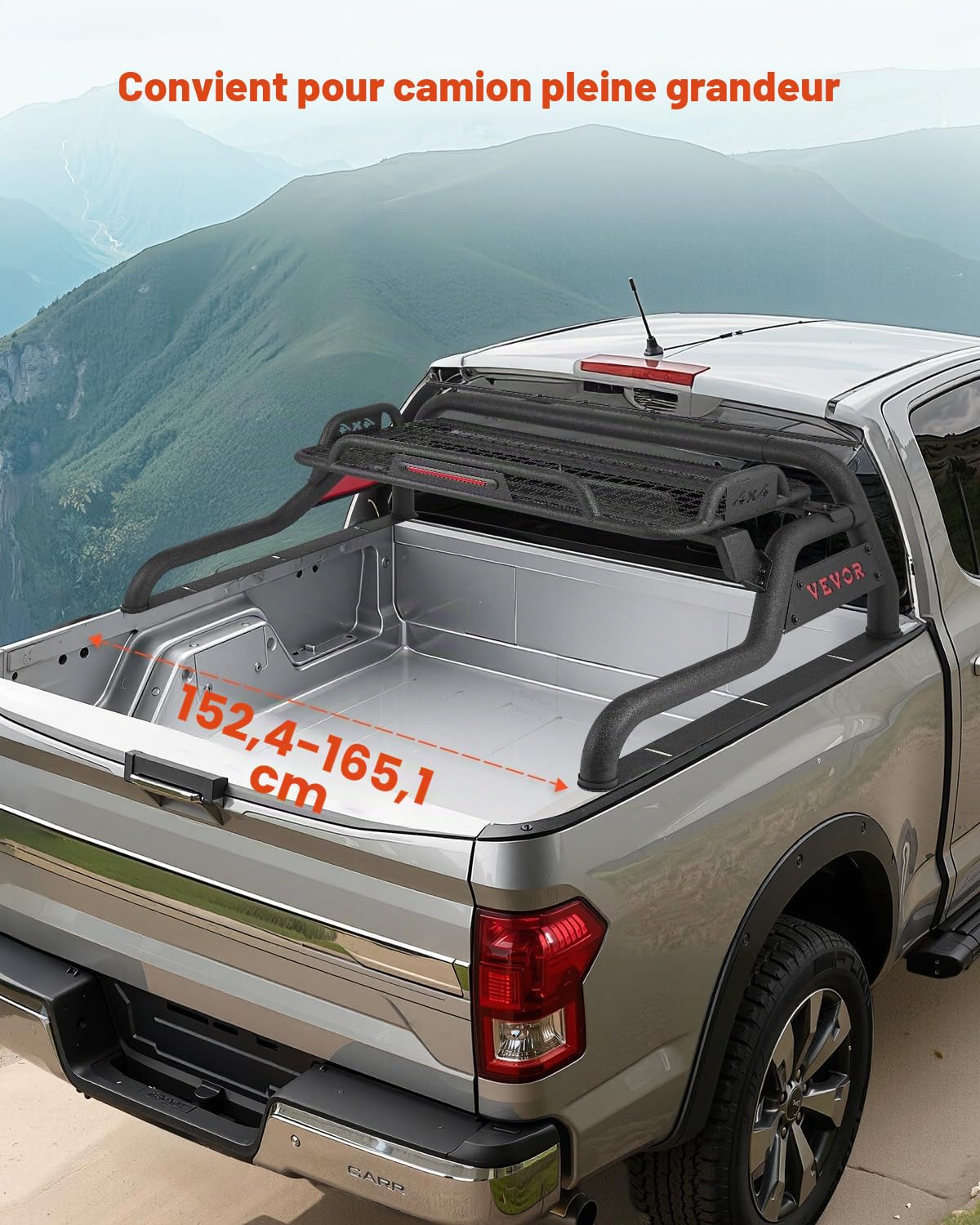 VEVOR Arceau de Sécurité Arrière pour Pick-up, Barre de Benne Réglable Universel, Compatible avec Pickup Pleine Grandeur, en Acier au Carbone, avec Plateau Porte-bagages et Feu Stop LED, Camion