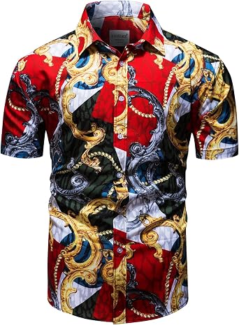 fohemr Mens Black Gold Dress Shirts Luxury Short Sleeve Chain Print Shirt Baroque Casual Button Down Design Buchona Shirts