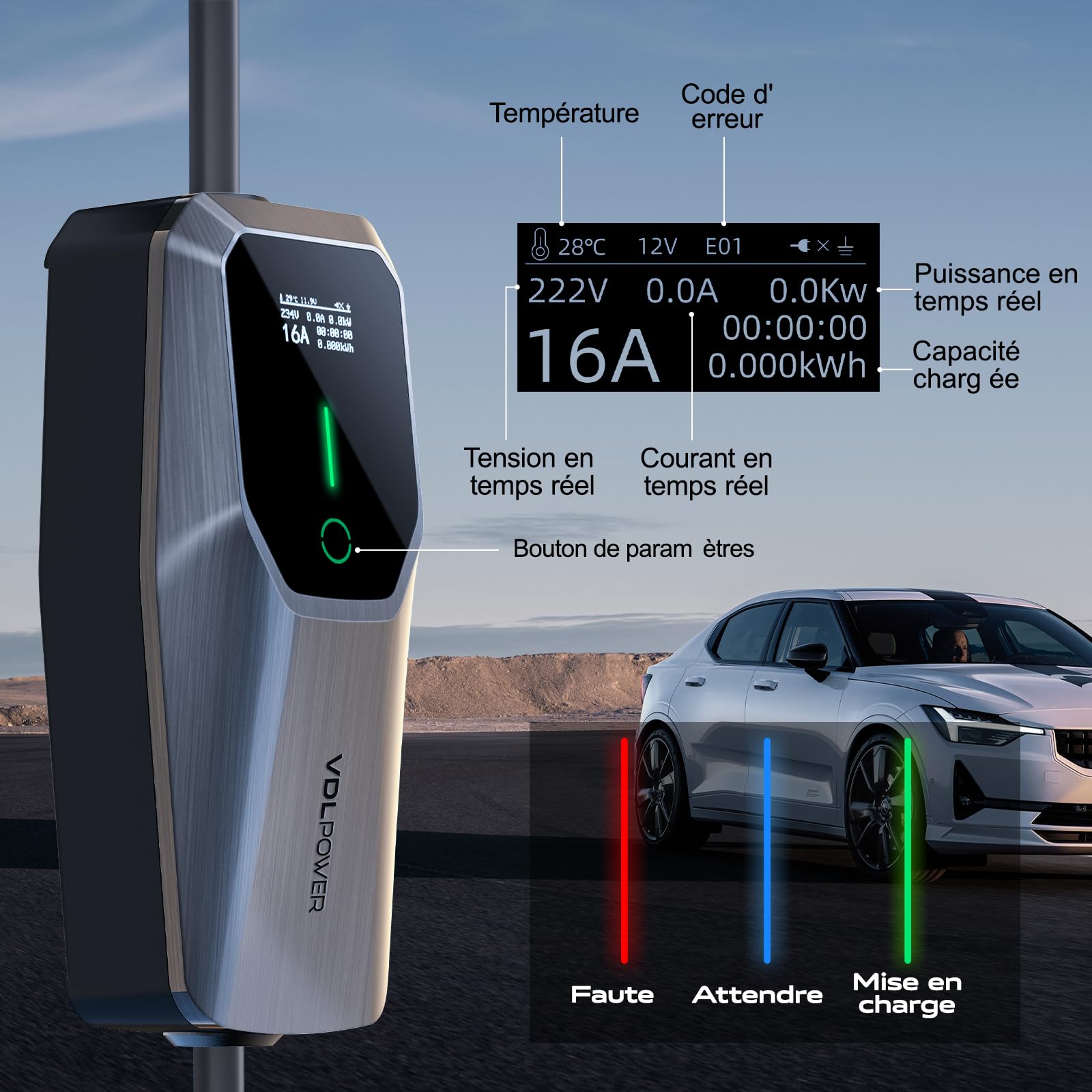 Chargeur Voiture Électrique 11kW Triphasé Type 2 Prise CEE (5 Broches) EV Chargeur Station de Charge Mobile Wallbox Ajustable 6-16A 5 Mètre, Câble de Charge Compatible avec EV PHEV