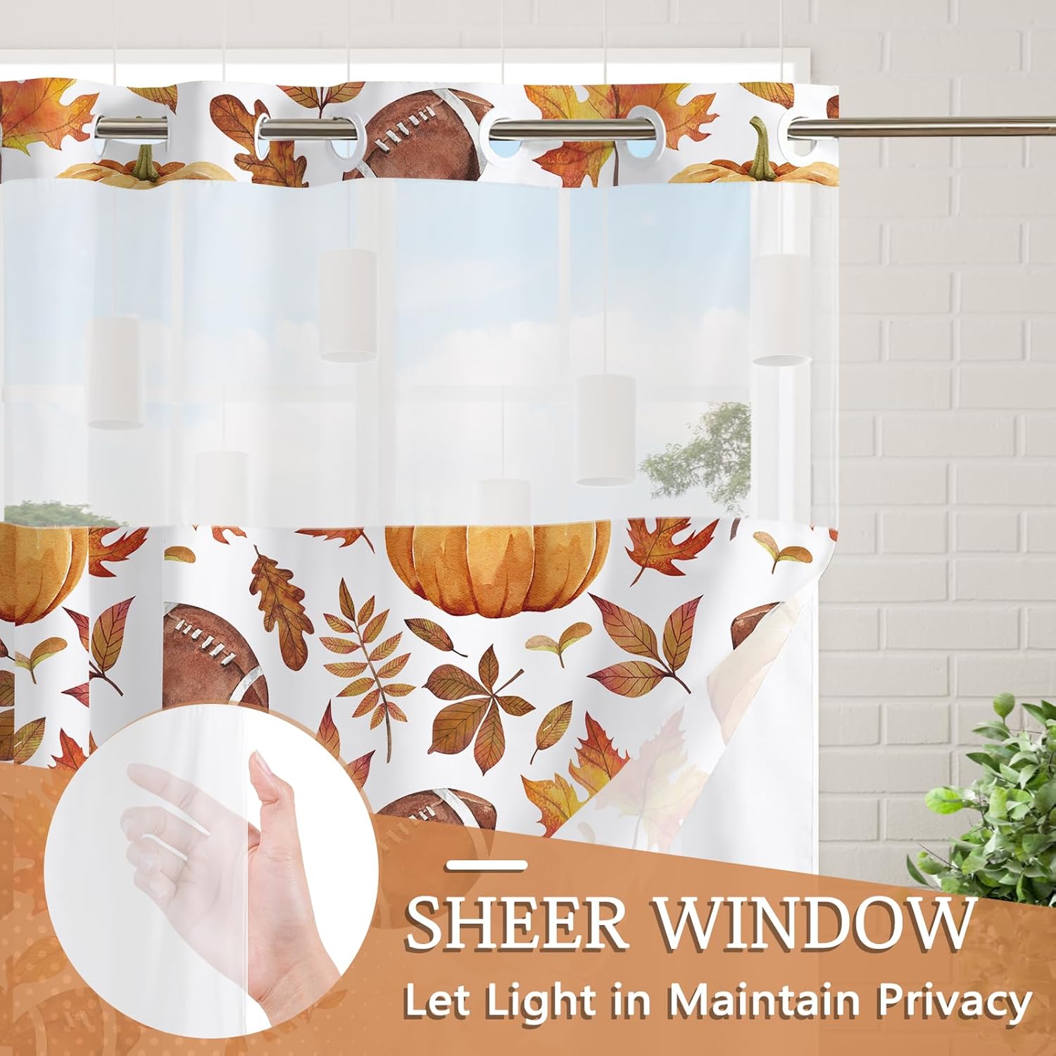 APROPHIC No Hook Pumpkin Shower Curtain Set with Liner,Fall Leaves American Football Rugby Shower Curtain for Bathroom,Thanksgiving Autumn Bathroom Decor See Through Top Window Double Layers 71x74 in