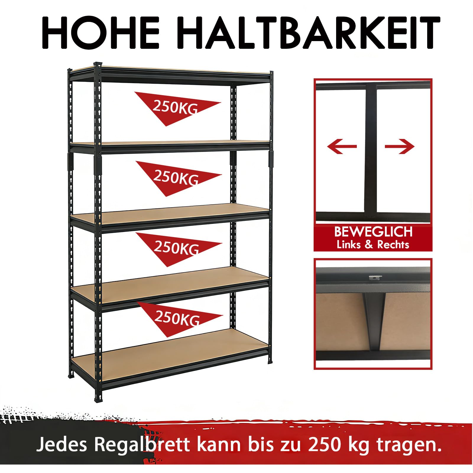 Schwerlastregale, 5 Etagen, verstellbare Lagerregale, Boltless Garagenregal, Lager, Hauswirtschaftsraum, Tragfähigkeit 1000 kg, 40 x 90 x 183 cm, Schwarz