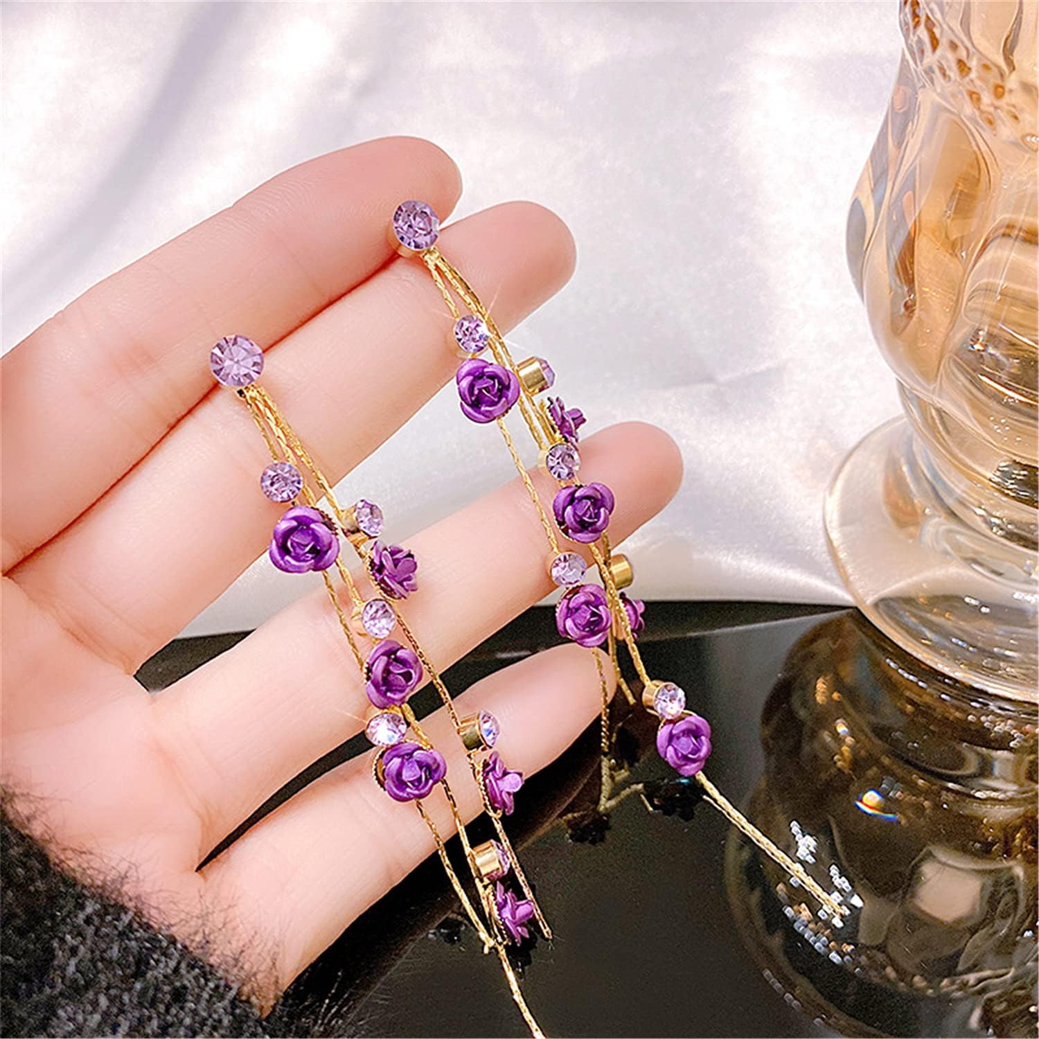 ANDPAI Unique Chic Long Tassel Chain Red Purple Rose Flower Dangle Drop Stud Earrings with White Sparkly Crystal for Women Statement Jewelry Gifts - Image 8