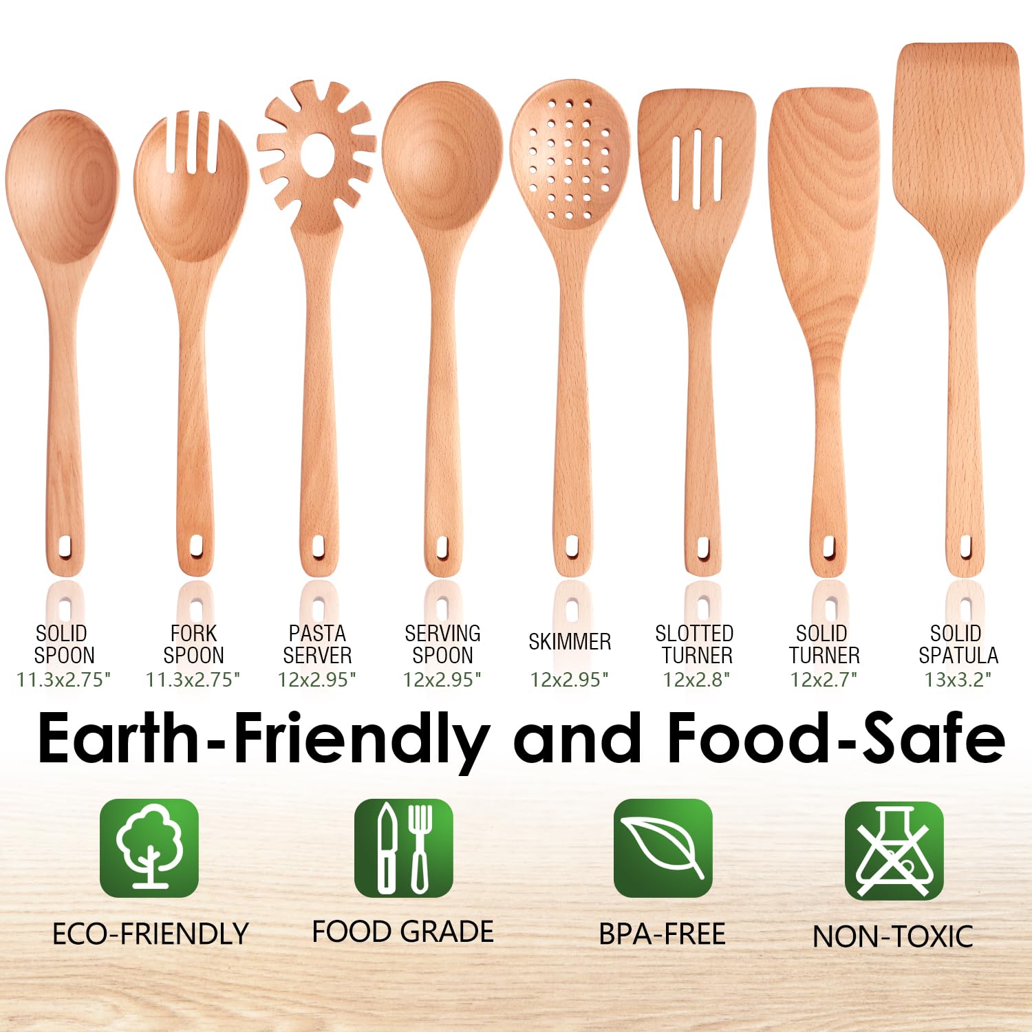 Kitchen - Juego de utensilios de cocina de madera de haya de 8 piezas, cucharas de cocina de madera con espátula, skimmer, cuchara de pasta y volteador, herramientas de cocina de madera duraderas