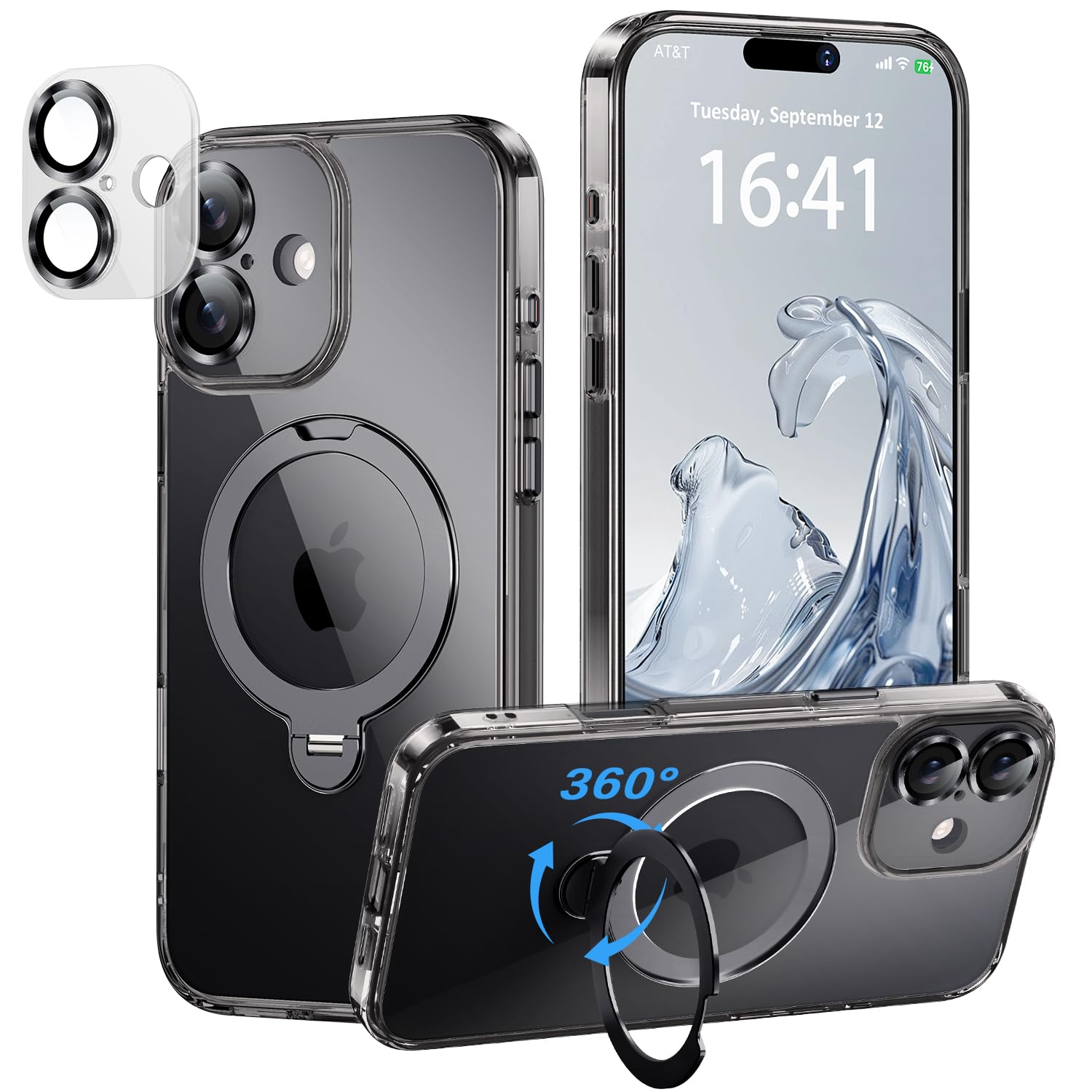 iPhone 17 用 ケース【極限の透明感と保護力】 4in1 カメラ保護一体/MagSafe対応/360度回転スタンド/ストラップホール穴付き 縦横両対応 黄ばみ防止 ワイヤレス充電対応 耐衝撃 カメラフィルム マグネット搭載車載ホルダー対応 マグセーフ対応 あいふおん17ケース (クリアブラック, iPhone 17)