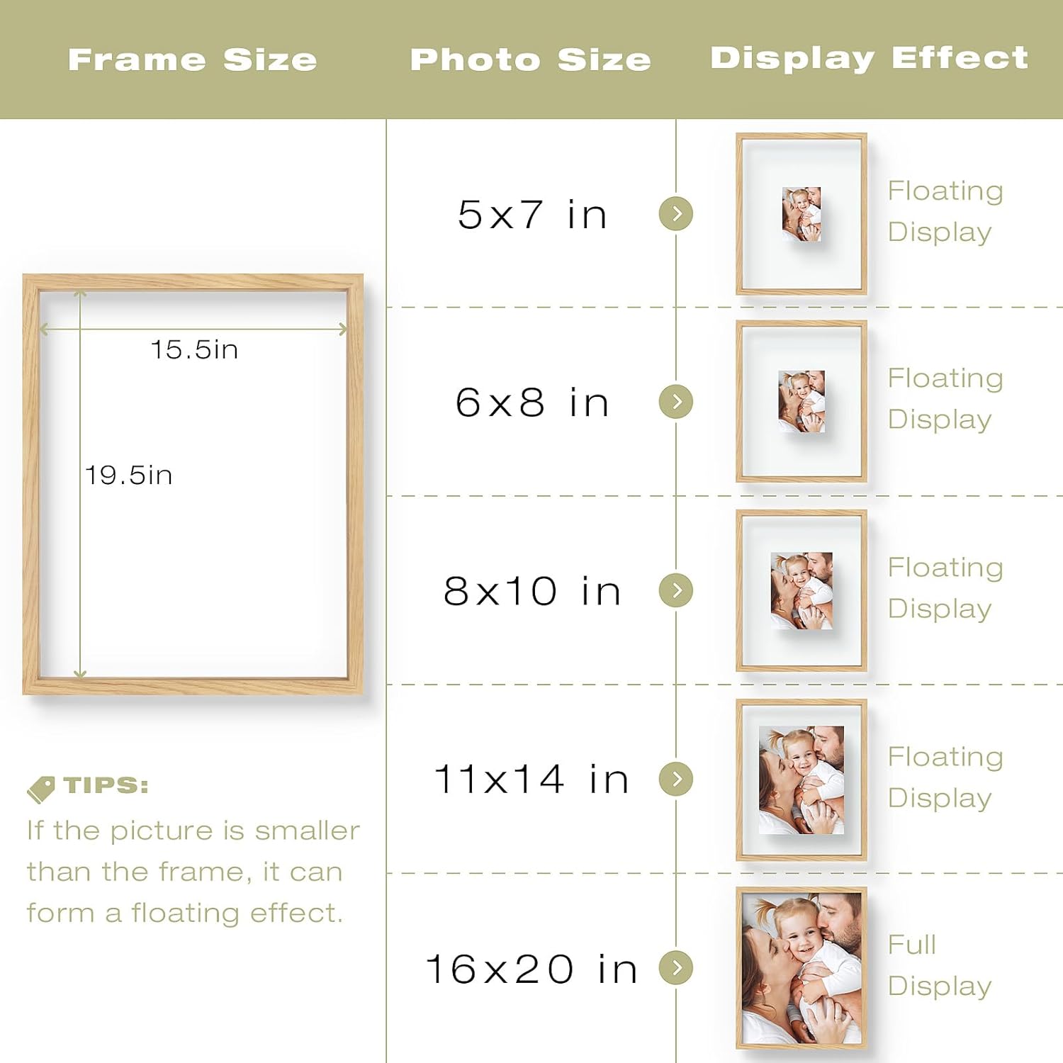 16x20 Floating Picture Frame - Solid Wood Frame for Pressed Flower - Real Glass of Front - Use as 11x14 or 12x16 Picture Frame - for Wall Mount Display (Natural Wood, 1 Pack)