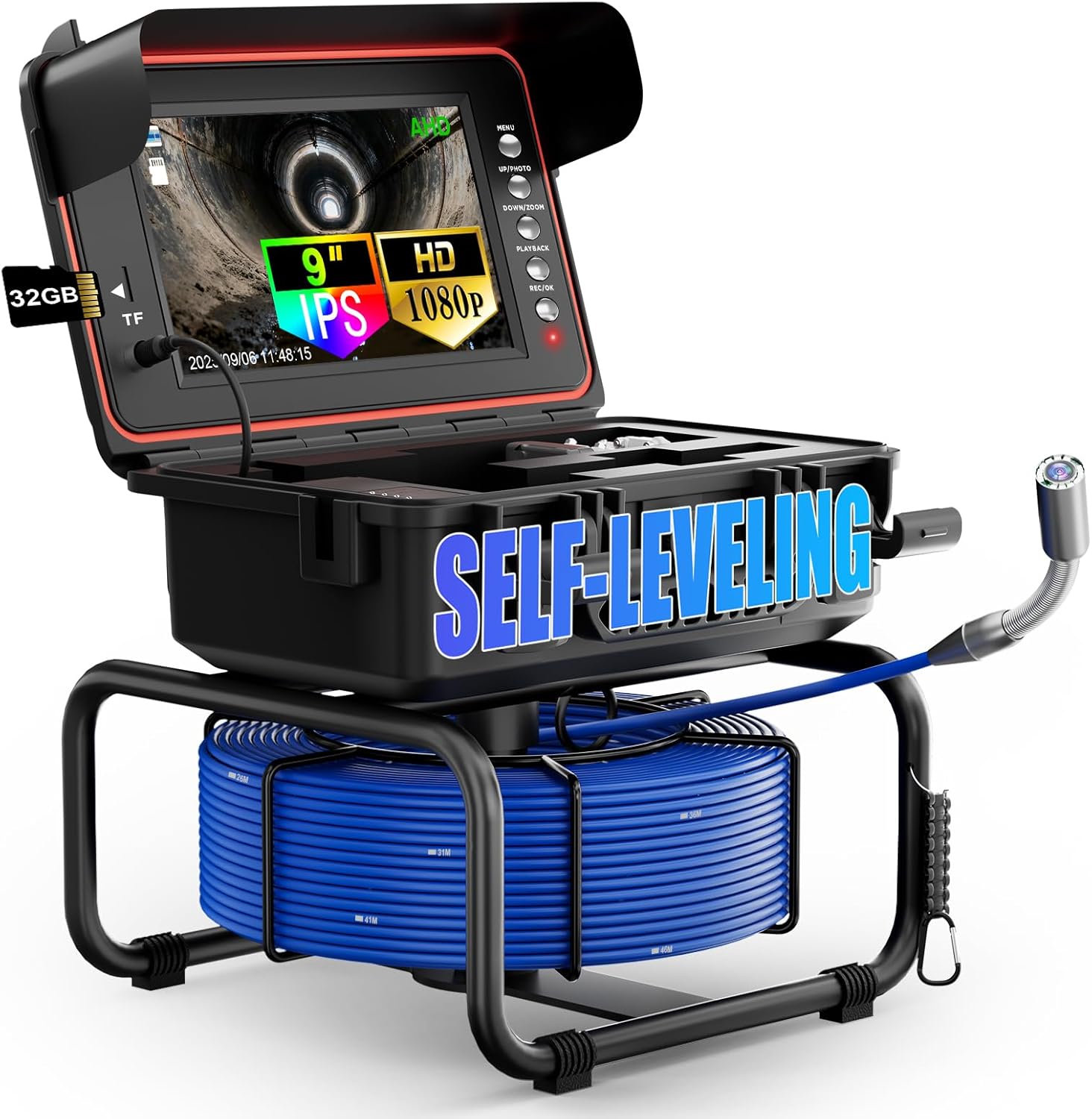 OKK Professional 100ft Sewer & Drain Inspection Camera Kit-Features a 9" IPS Screen-1080P HD Self-Leveling Camera Head IP68 Waterproof, Built-in DVR with 32GB Card, 5100mAh Battery 7mm Cable