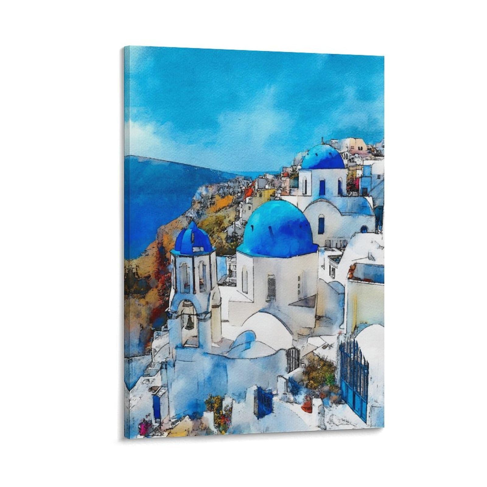 Santorini 24x36inch(60x90cm) Vintage Travel Poster Watercolor Canvas Art