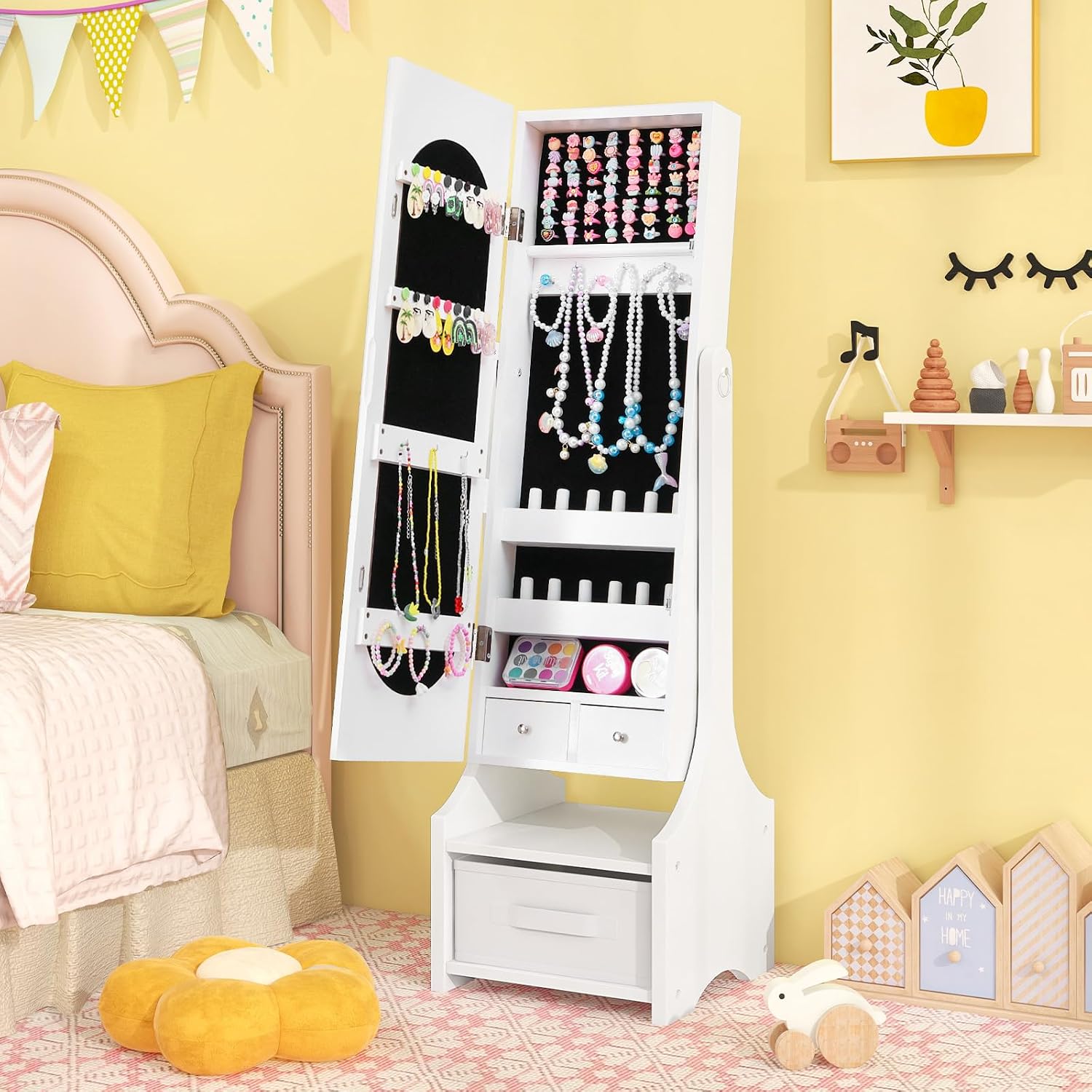 HONEY JOY Kids Jewelry Armoire Cabinet, 41.5" Standing Wooden Standing Jewelry Organizer with Full-length Mirror and Storage Box, Children Dress Up Vanity Jewelry Cabinet for Little Girls (White)