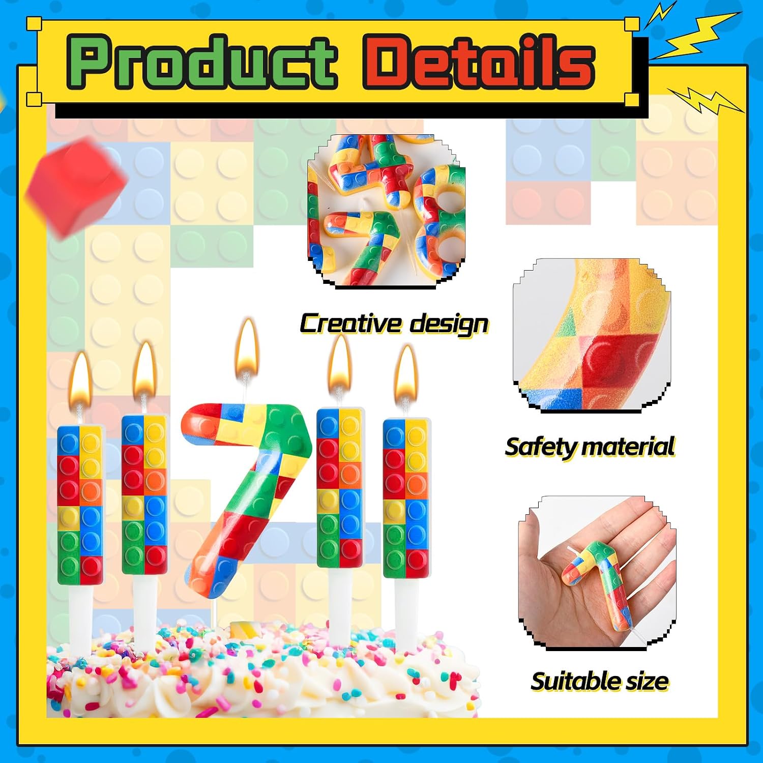 7 Pcs Building Block Themed Birthday Candles Set Building Blocks Number 7 Candle Cake Topper for Building Block Party Decoration Supplies (Number 7) image 3