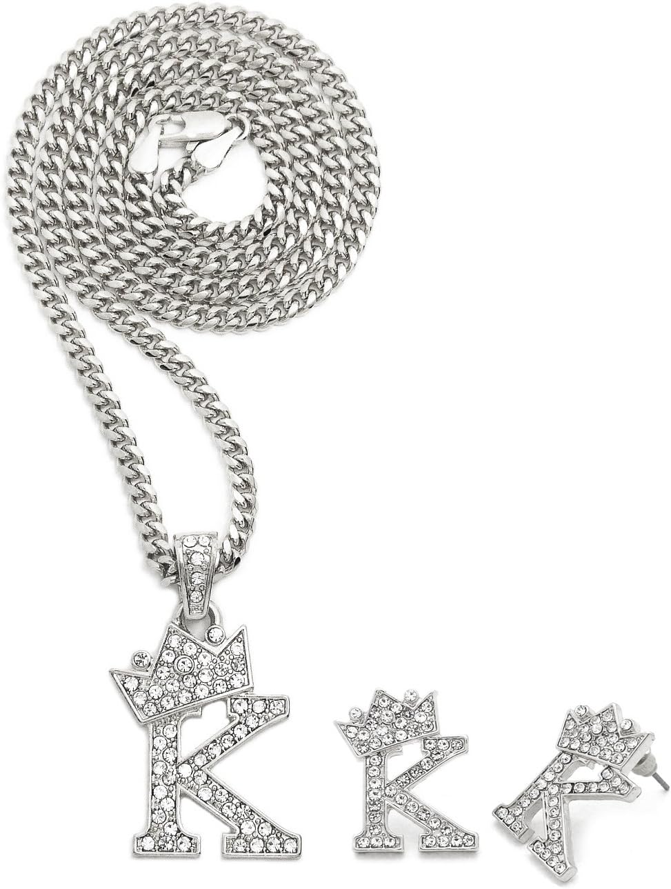 Fashion 21 Unisex Small Size Pave Initial Alphabet Letter Pendant 24" Cuban Chain Necklace & Earring Set (K Set/Silver)