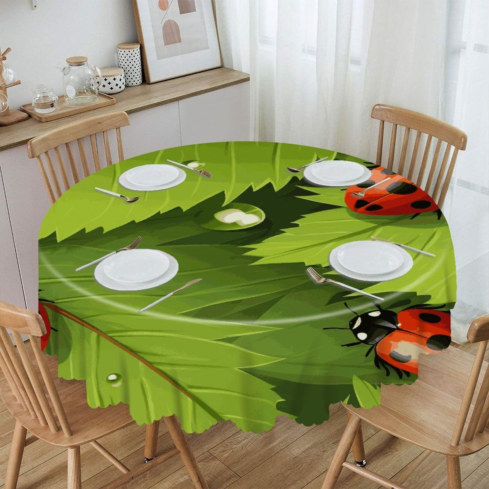 MUSM Leaves and Ladybugs Table Cloths Round Wrinkle Resistant Tablecloths Washable Polyester Table Cover Waterproof Decorative Washable Rustic Circle Tablecover for Kitchen Dining