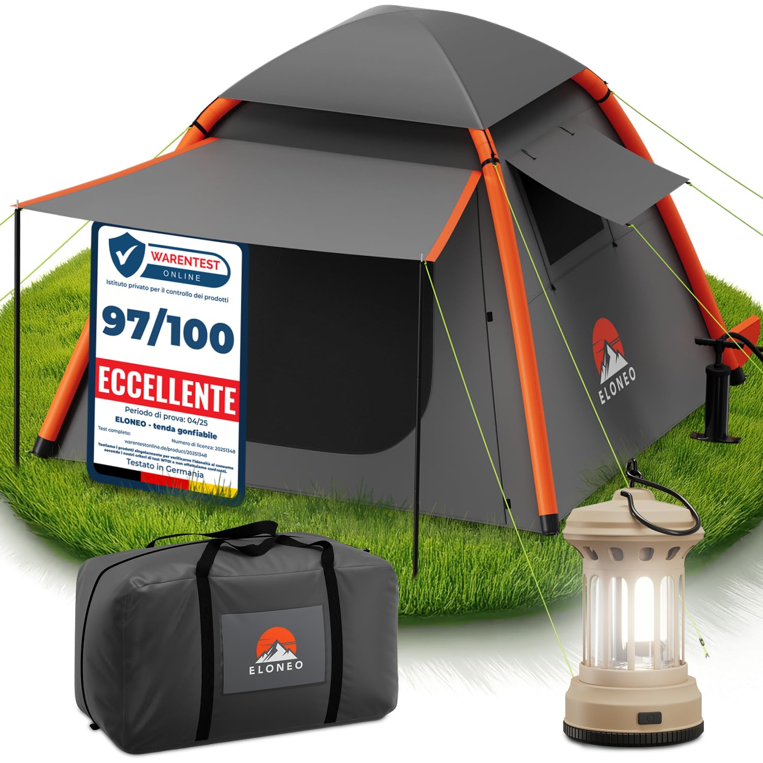 ELONEO Tenda gonfiabile con baldacchino e pompa d'aria, tenda da campeggio impermeabile, tenda ad aria ultraleggera, tenda gonfiabile, tenda glamping con luce LED gratuita
