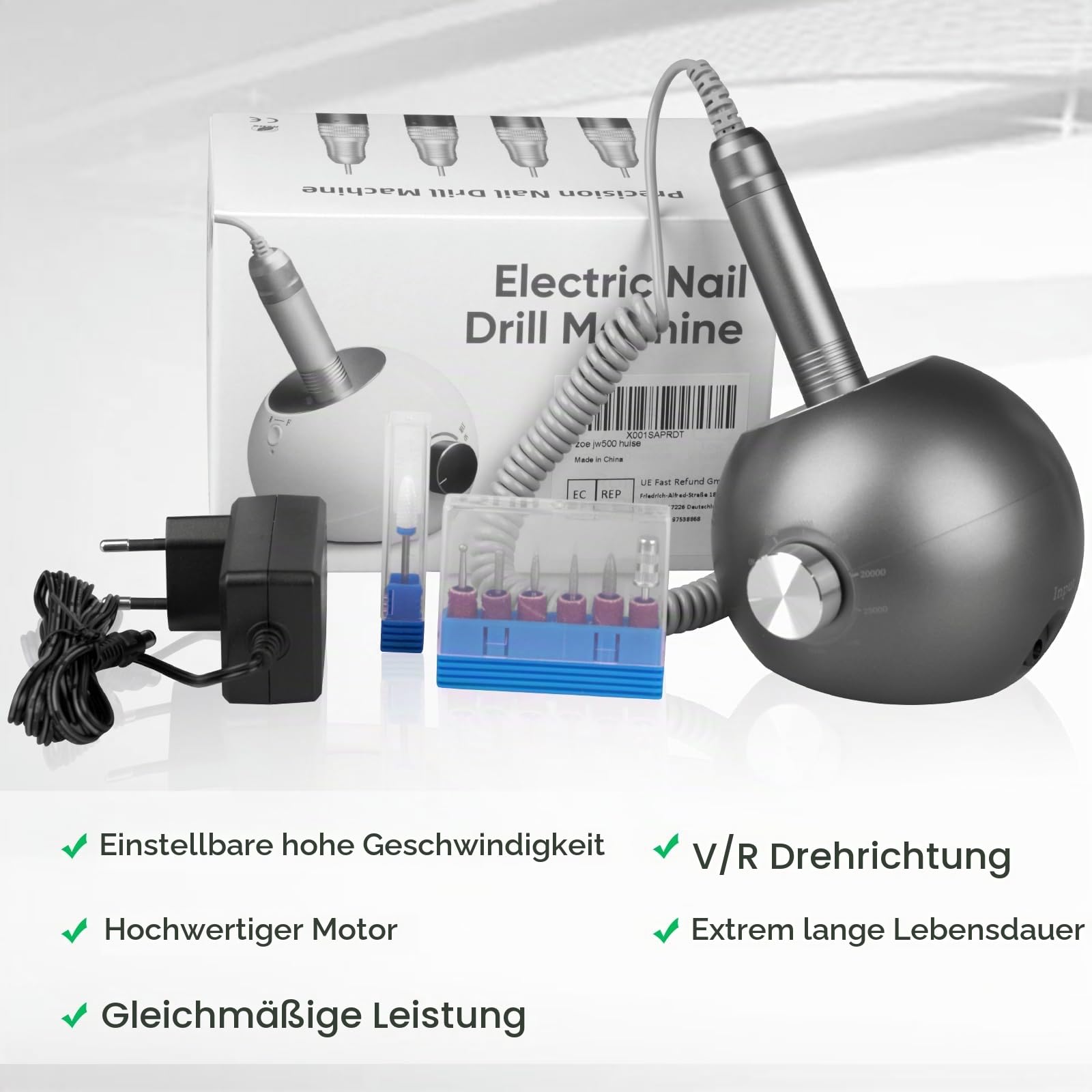 Nagelfräser, Upgraded Profi Nagelfräser 35000 u/min für Gelnägel Acrylnägel, Maniküre Pediküre Set Elektrisch, Elektrische Nagelfeile Set mit Keramik Fräser Bit und 5 Aufsätze, Sicher für Anfänger