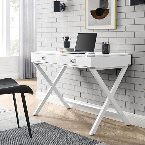 Miniatura 2 de HABITRIO Escritorio rectangular con dos cajones, escritorio moderno de almacenamiento para computadora de 42 pulgadas con patas de madera maciza,