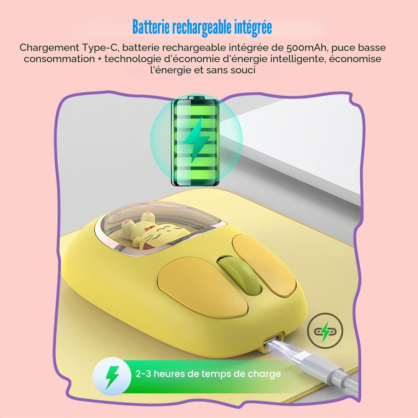 Souris sans Fil, 2,4g BT3.0 BT5.0 Souris D'ordinateur Portable Rechargeable avec Design Silencieux, Forme Ergonomique, Rétro-éclairage RGB, Conception de Poupée Mignonne (Yellow)