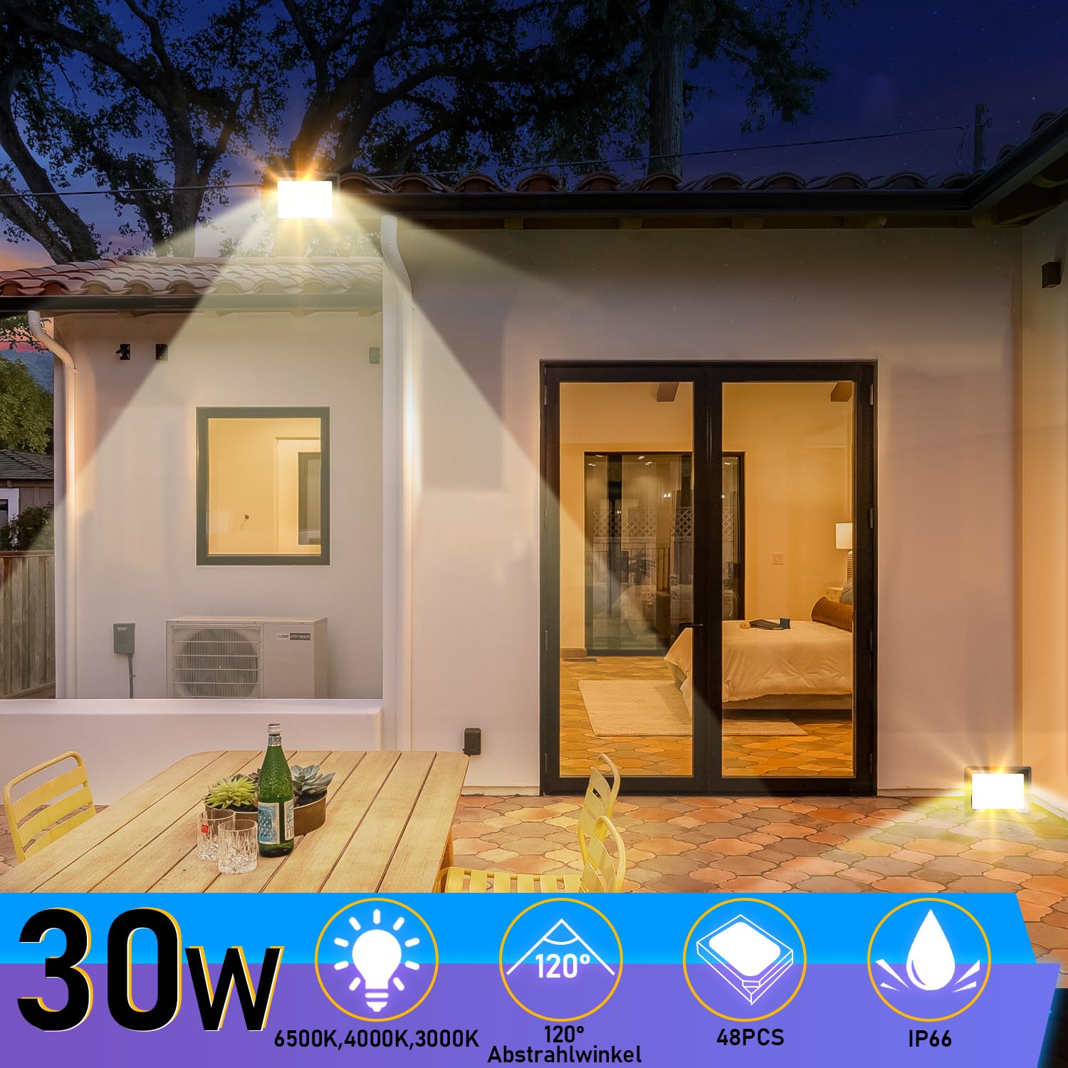 30W Projecteurs LED, 10x Projecteur LED, 3 Températures de Couleur Réglables, Projecteur Imperméable IP66, Spots Extérieur pour Jardin, Cours, Garage, Hôtel