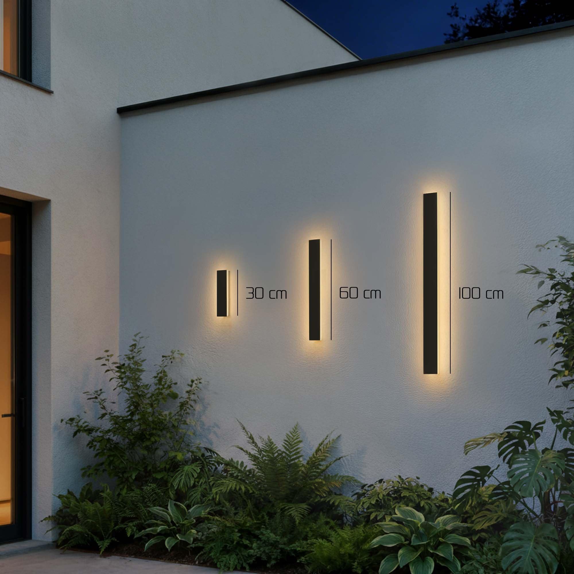 Ledvion - Aplicación de pared exterior LED larga Villa, 30 cm, Ip65, 6W, Noir, Blanco cálido, 2700K, Aluminio y acrílico, interior y exterior, aplique exterior, lámpara de pared exterior