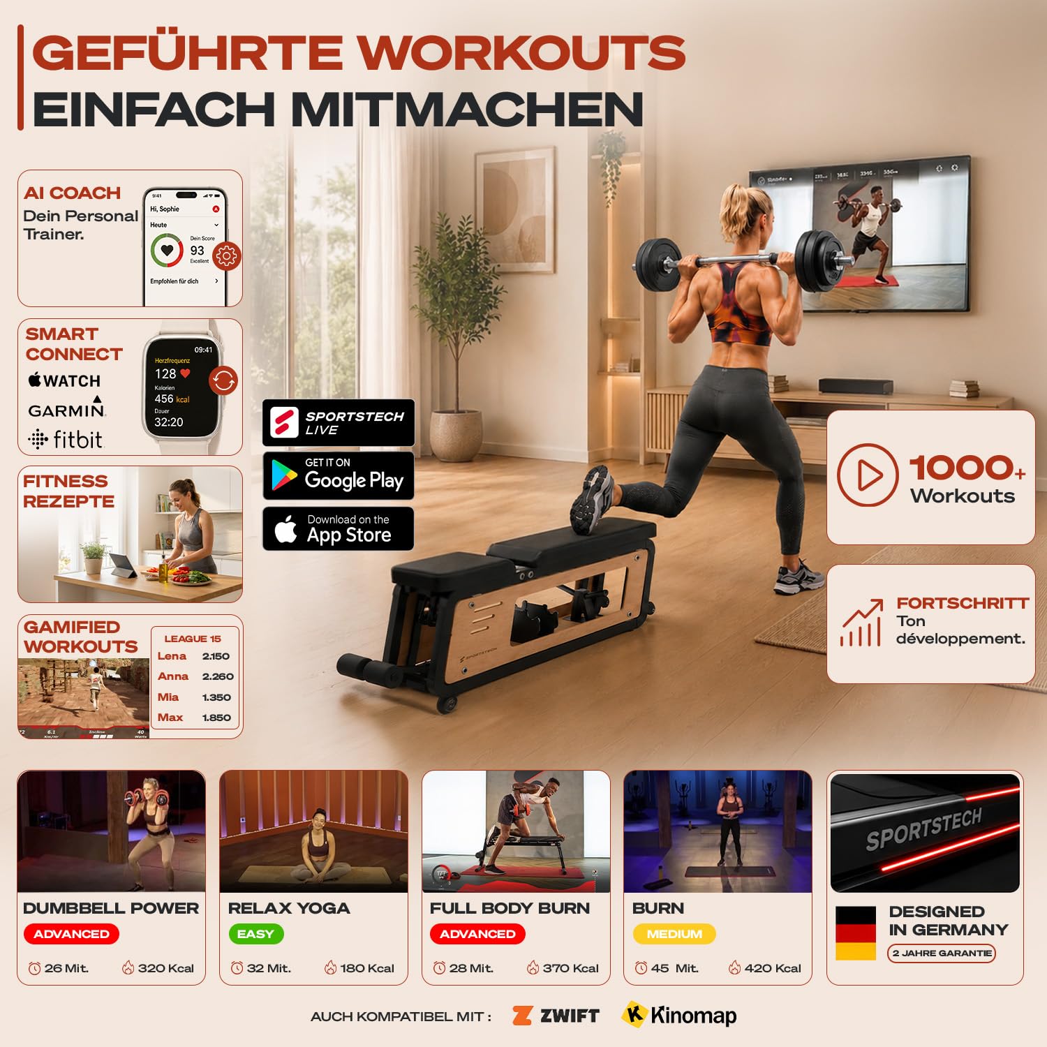 Sportstech Hantelbank Holz für Zuhause, 220 kg belastbar, mit Hantelablage