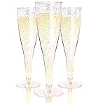 Prestee 24 Piece Plastic Champagne Flutes - 4.5 oz Plastic Wine Glasses with Rose Gold Glitter - Cocktail Glasses for Parties - Party Supplies for Mimosa Bar, Wedding, Shower Party and New Years Eve