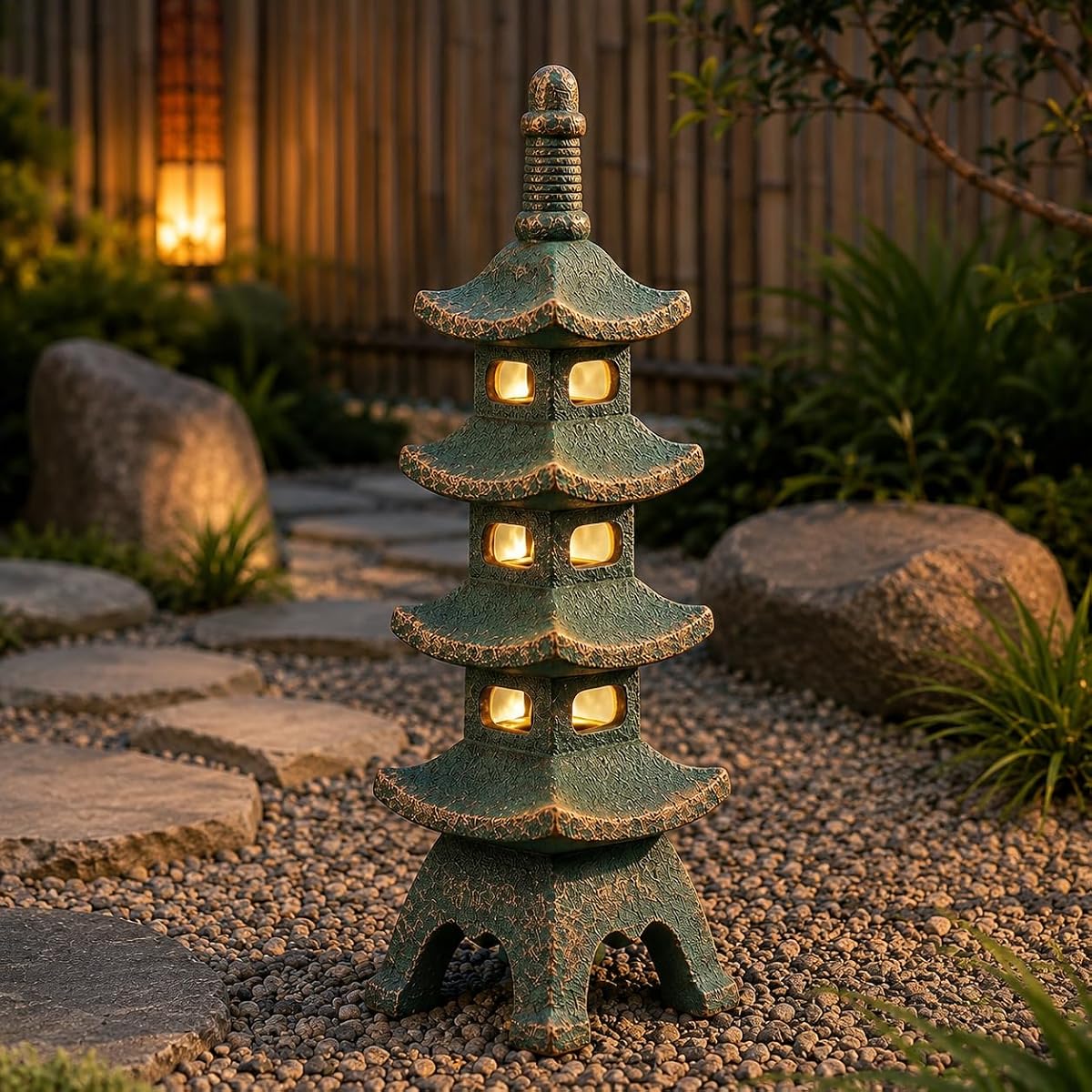 Qeeman Solar Pagoda Garden Statues Decor: Multi-Layer Resin Zen Sculpture | Outside Outdoor Waterproof for Patio Landscape Balcony Porch Yard Ornaments (40CM Grey)