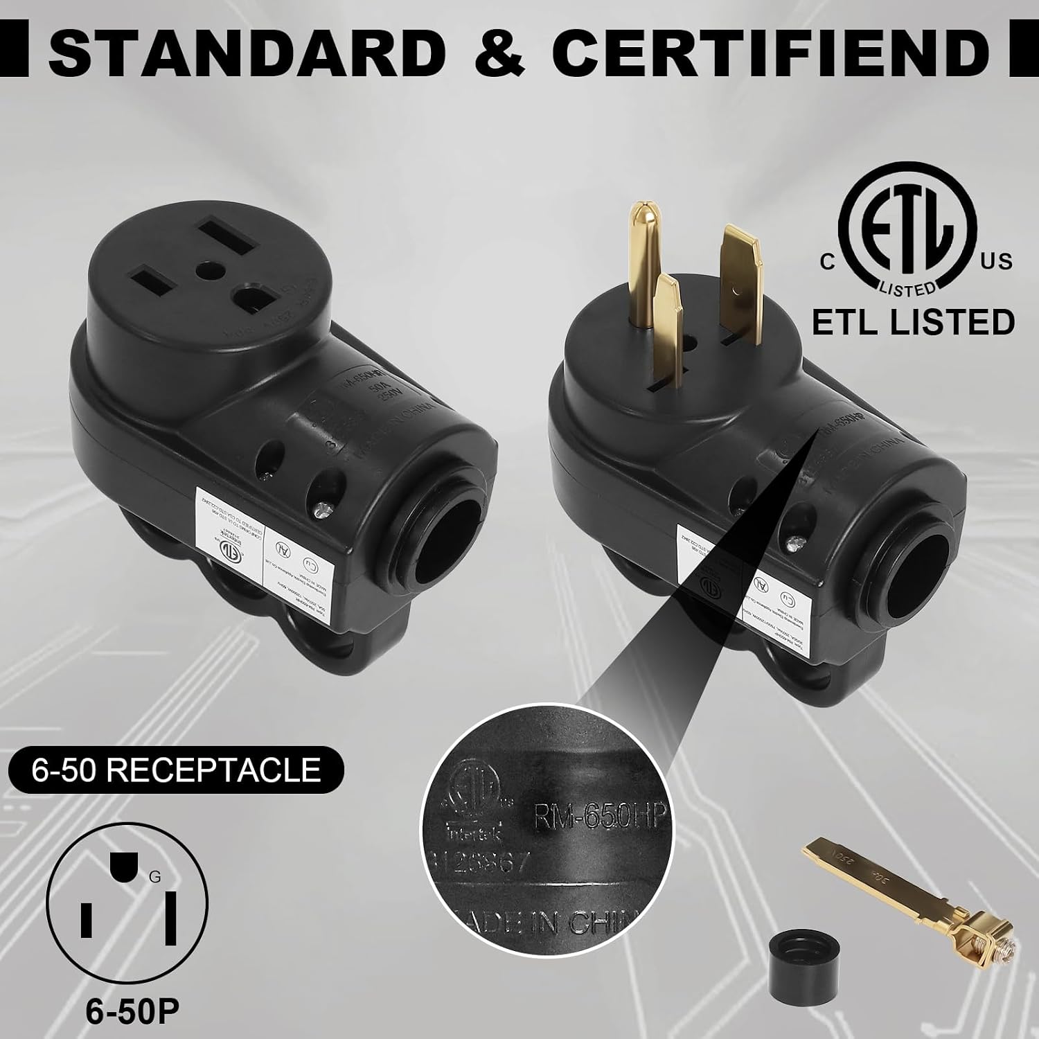 50 Amp Female 6-50P Plug & 6-50R Receptacle Set for RV, EV Charger, Welder Machine, (Black) 3 Prong 125/250V Heavy-Duty Electrical Connector , ETL Listed