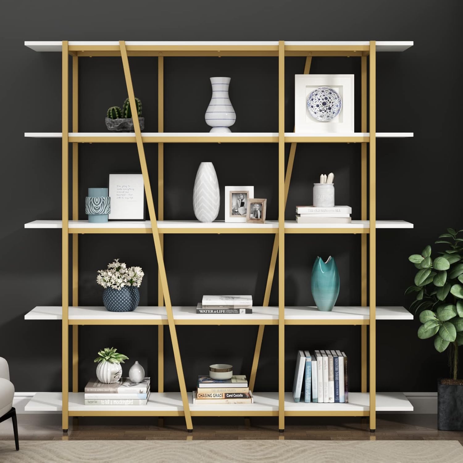 Loomie Gold Etagere Bookshelf Bookcase, Modern 5Tier