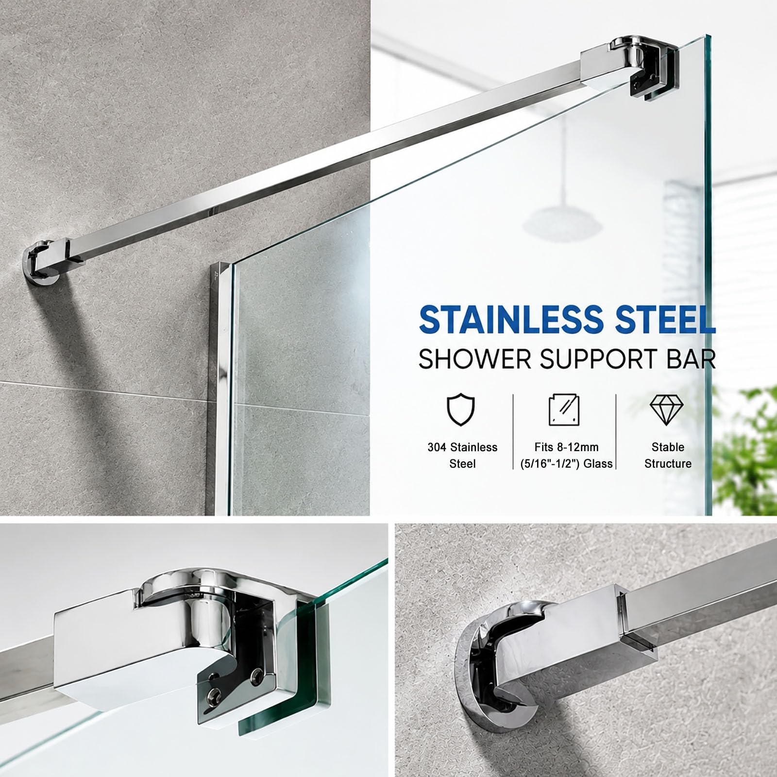 barra de soporte para mampara de ducha Barra de soporte para mampara de ducha de pared a cristal, Compatible con soportes de fijación para cristal de 8, 10, 12mm para tabiques(Silver,45in(114.3cm))