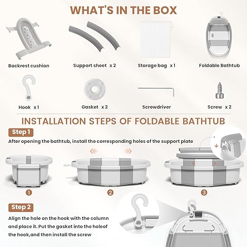 Miniatura 6 de Bañera plegable para bebés, bañeras para recién nacidos con cojín suave y termómetro y bolsa organizadora de juguetes, bañera infantil para niños
