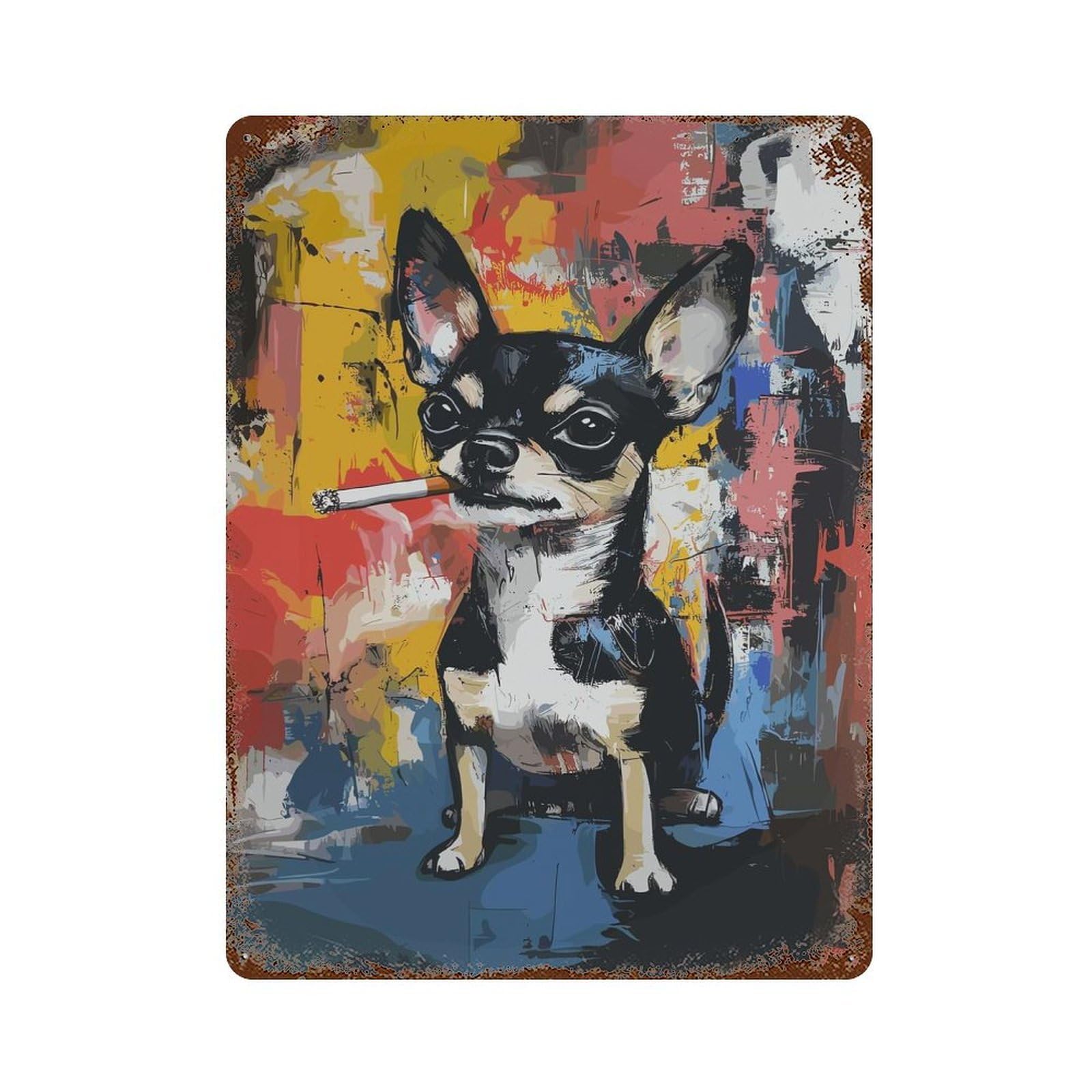 Chihuahua Smoking 15.7"x11.8" Rust Effect Tin Sign, Decorative Metal Wall Art for Garage, Bar And Workshop Decor