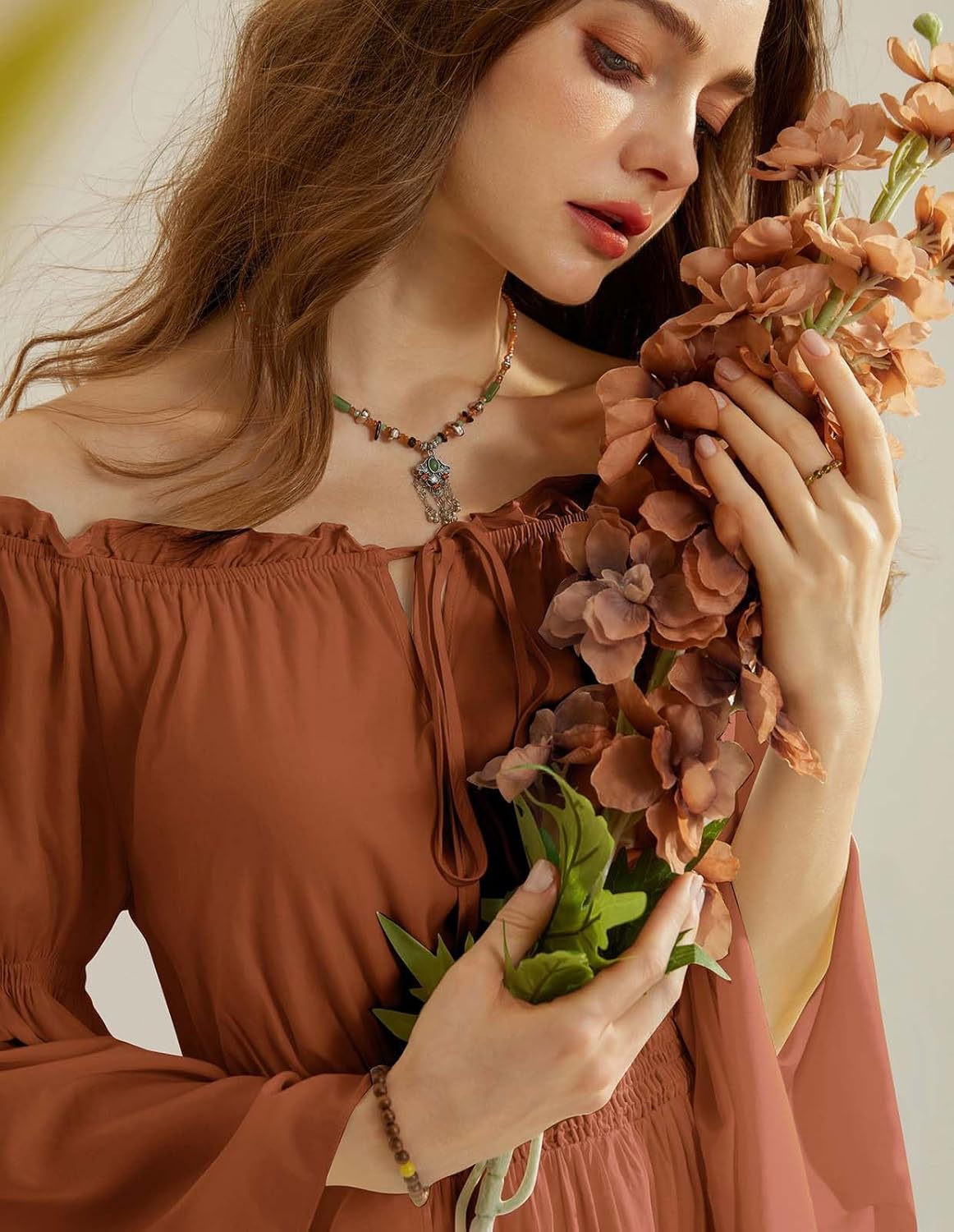 Scarlet Darkness Renaissance Costume Women Off Shoulder Bell Sleeve Tiered Maxi Dress - Image 5