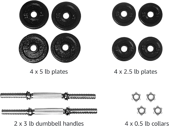 Amazon Basics Adjustable Dumbbell Hand Weight Set with Storage Case, Portable, Secure, 38 Pounds, Black