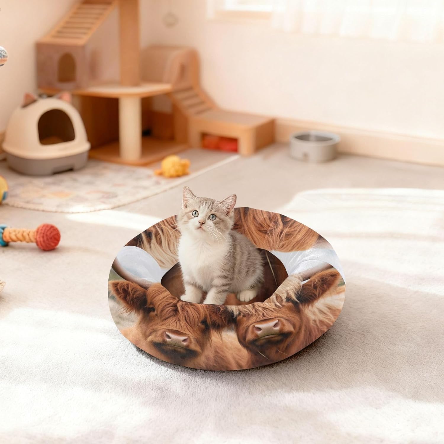 Dog Bed Ultra Soft Fluffy Comfortable Cat Bed, Highland Cows Washable Dog Beds Anti-Slip Round Pet Beds for Medium Dogs