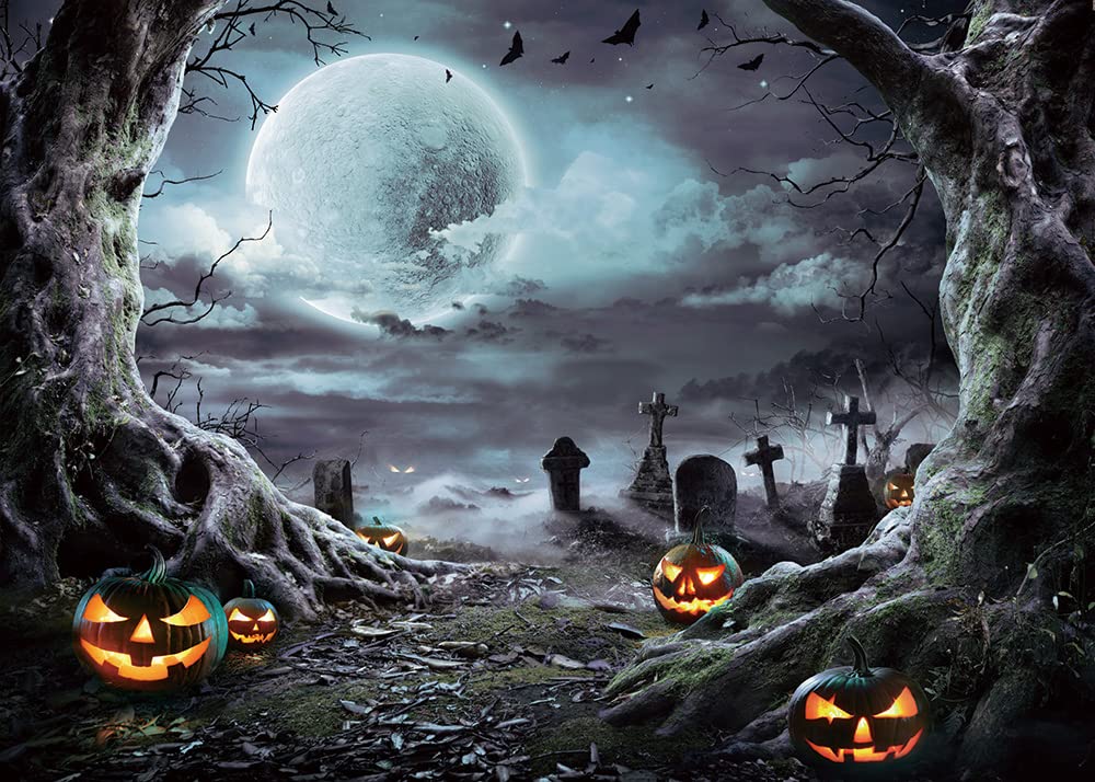 MAQTT 7x5ft Halloween Photography Backdrop Horrible Graveyard Pumpkin Lantern and Full Moon Night Backdrop for Halloween Party Decoration Halloween