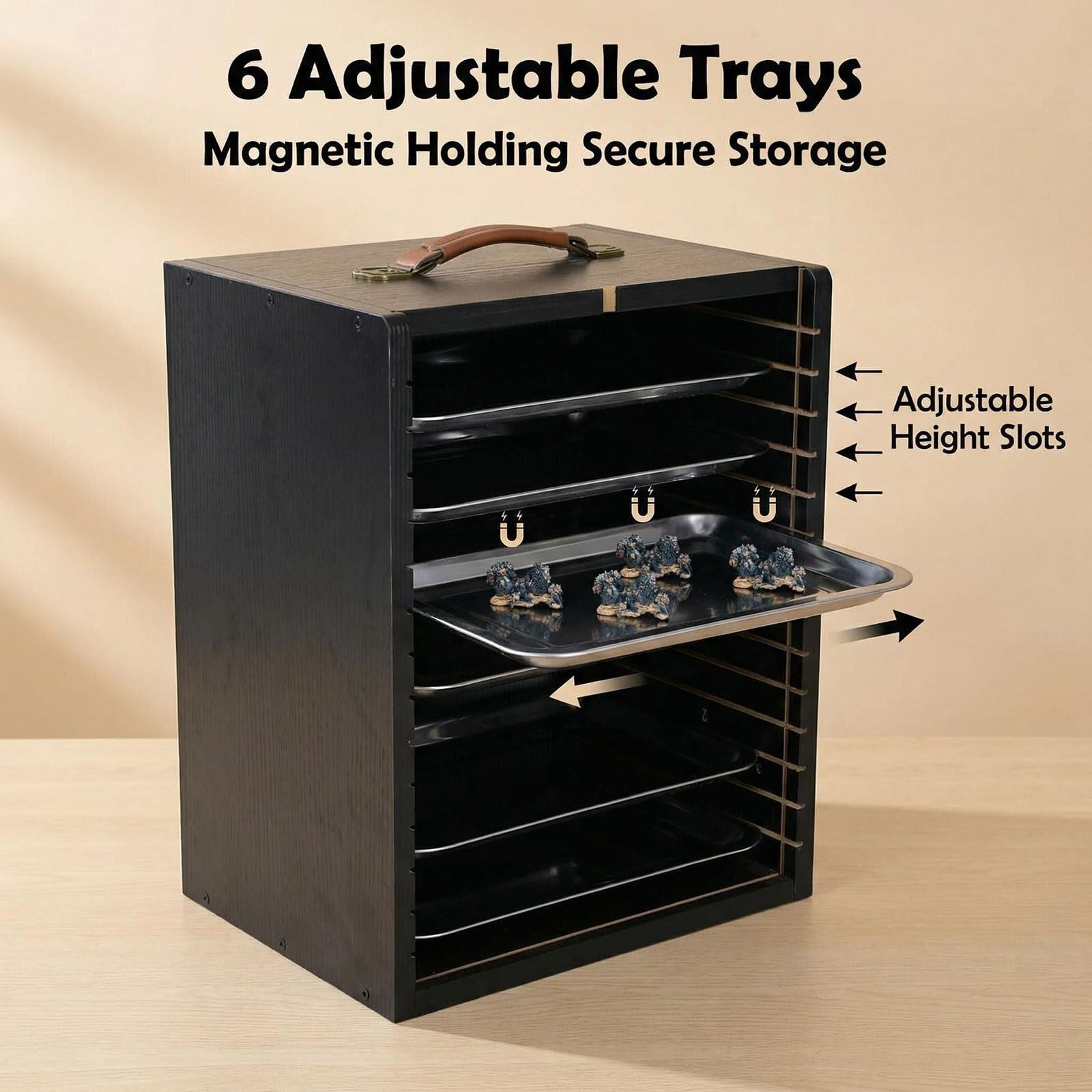Miniatura valigetta in legno con vassoi per action figure