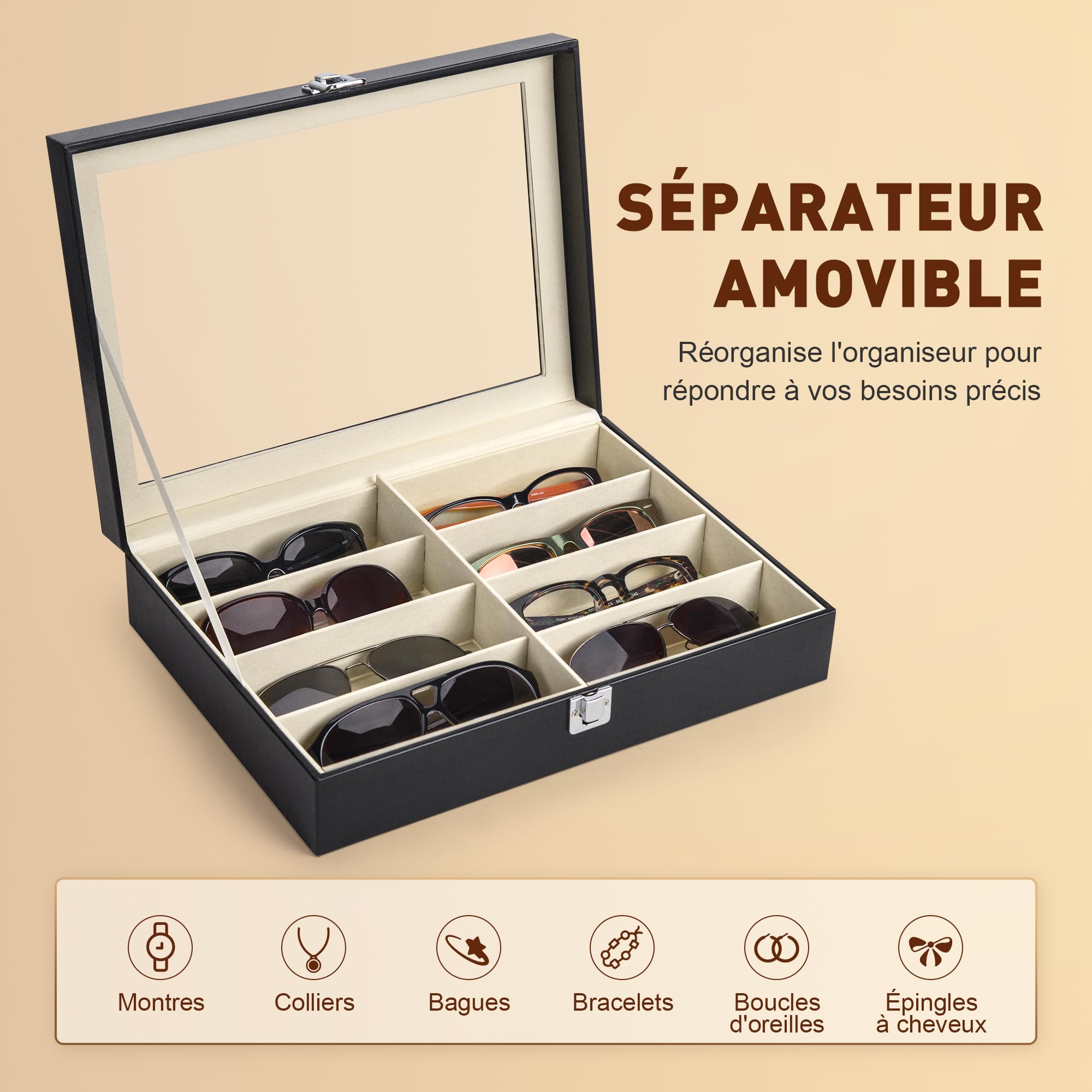 CO-Z Boîtier des Lunettes en PU Cuir, Organisateur de Lunettes de Soleil, Présentoir Lunettes de Rangement de 8/12 Compartiments