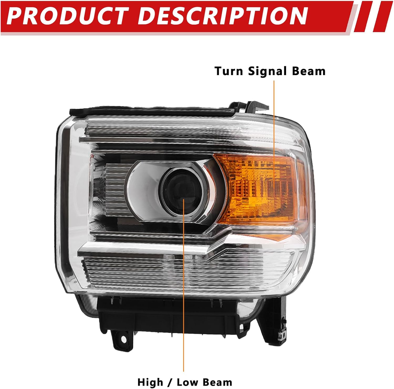 Headlight Assembly Compatible with 2014-2018 GMC Sierra 1500HD | 2015-2019 GMC Sierra 2500HD/ 3500HD Base/Denali/SLE/SLT Chrome Housing Amber Reflector Without LED Daytime Running lights Headlamp