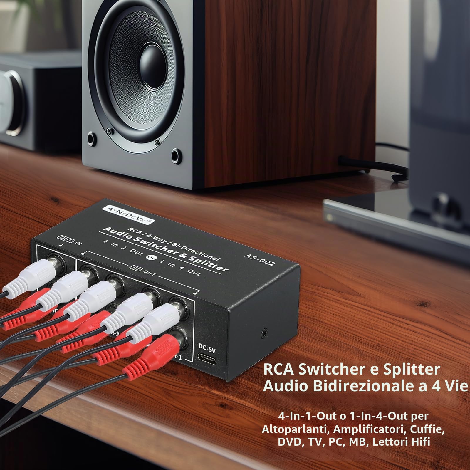 L/R Splitter commutatore audio bidirezionale compatibile con RCA a 4 vie, 1 ingresso 4 uscite / 4 ingressi 1 uscita Stereo L/R Selettore canale box con telecomando per altoparlanti