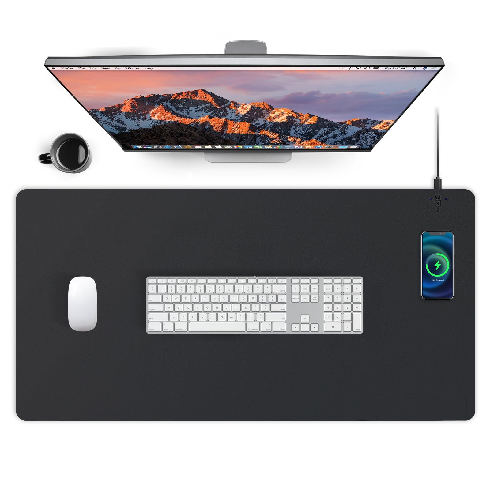 Mouse Pad with Wireless Charging, PU Leather Fast Charging Gaming Mouse Pad, Waterproof Anti-Slip Surface, Easy Clean Office Table Mat, 32L x 16W x