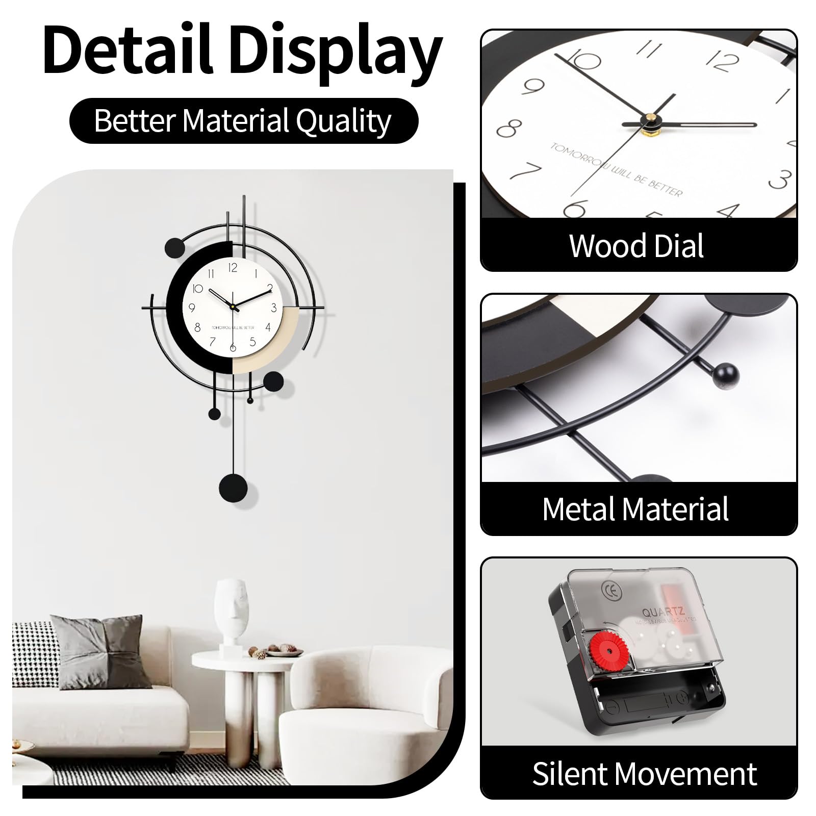 Wanduhr Modern Kreativ Große Wanduhr ohne Tickgeräusche Metall + Holz Dekorative Wanduhren Minimalistisch Art Deco Batteriebetrieben Pendeluhr für Wohnzimmer Schlafzimmer Büro Küche (Large)